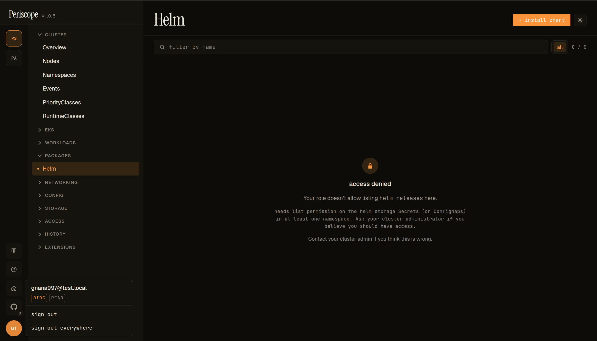 Helm page rendered as a forbidden state for a read-tier user — lock icon, kind-specific access-denied copy