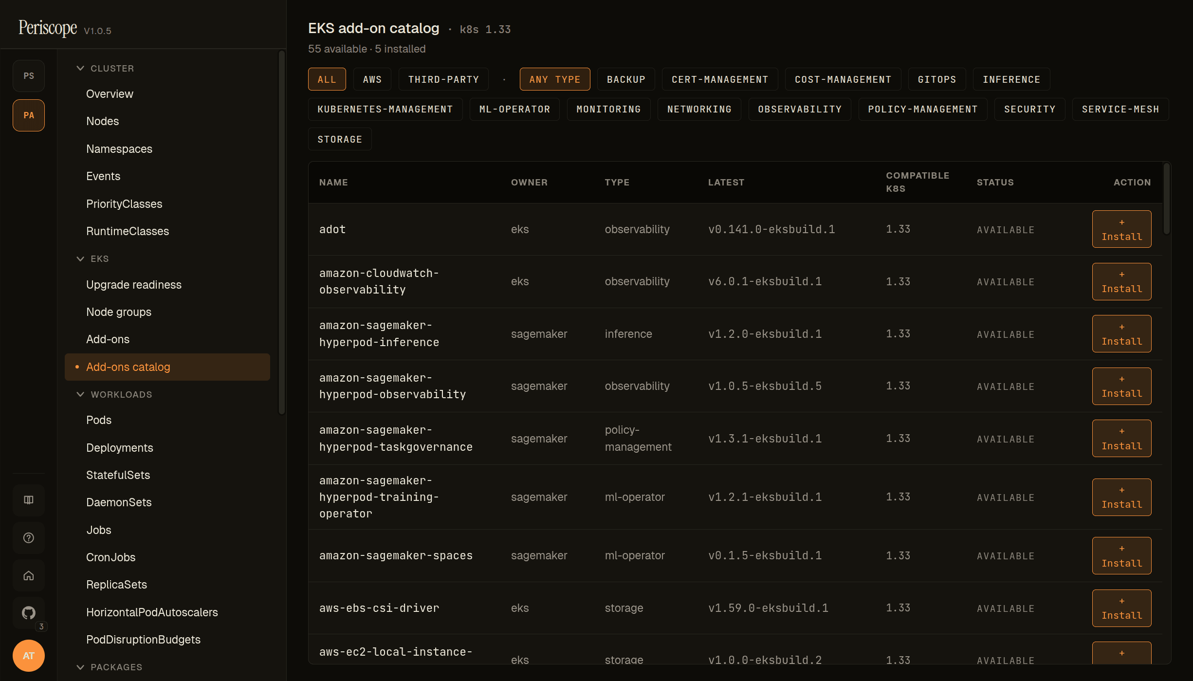 EKS Add-ons catalog browser