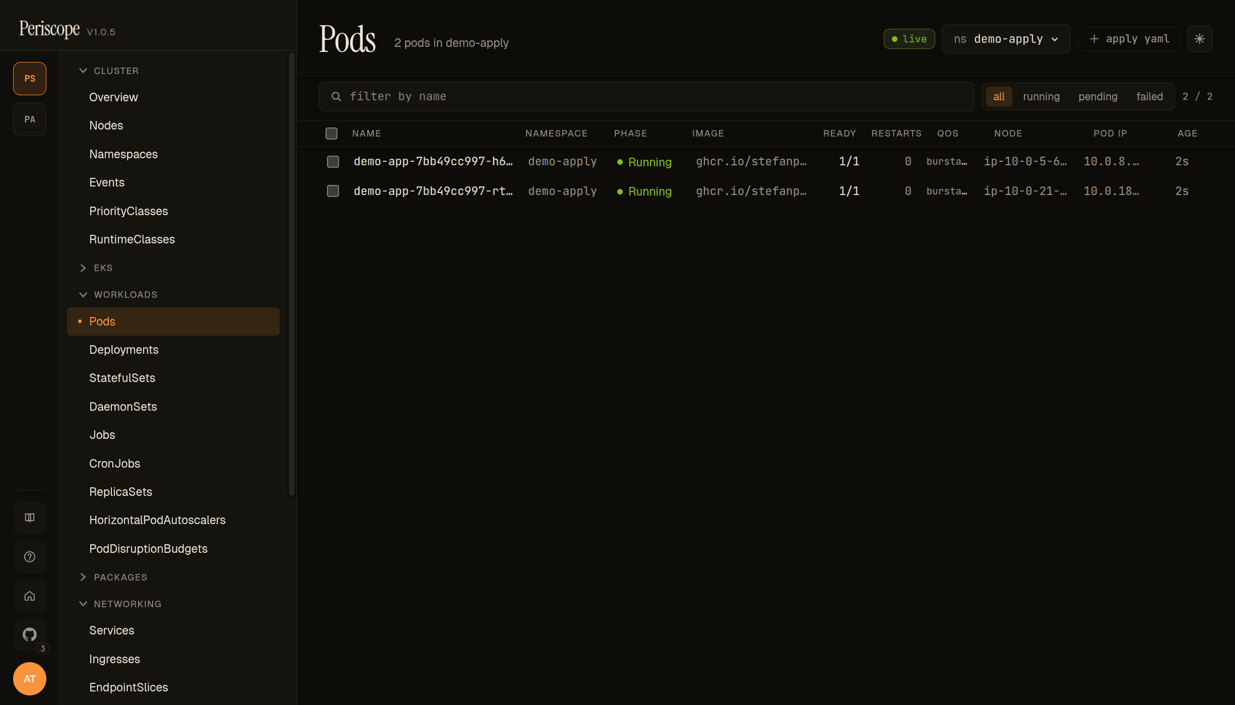 demo-app pods running in demo-apply namespace after apply