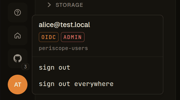 Avatar popover — alice@test.local with OIDC + ADMIN badges and periscope-users group