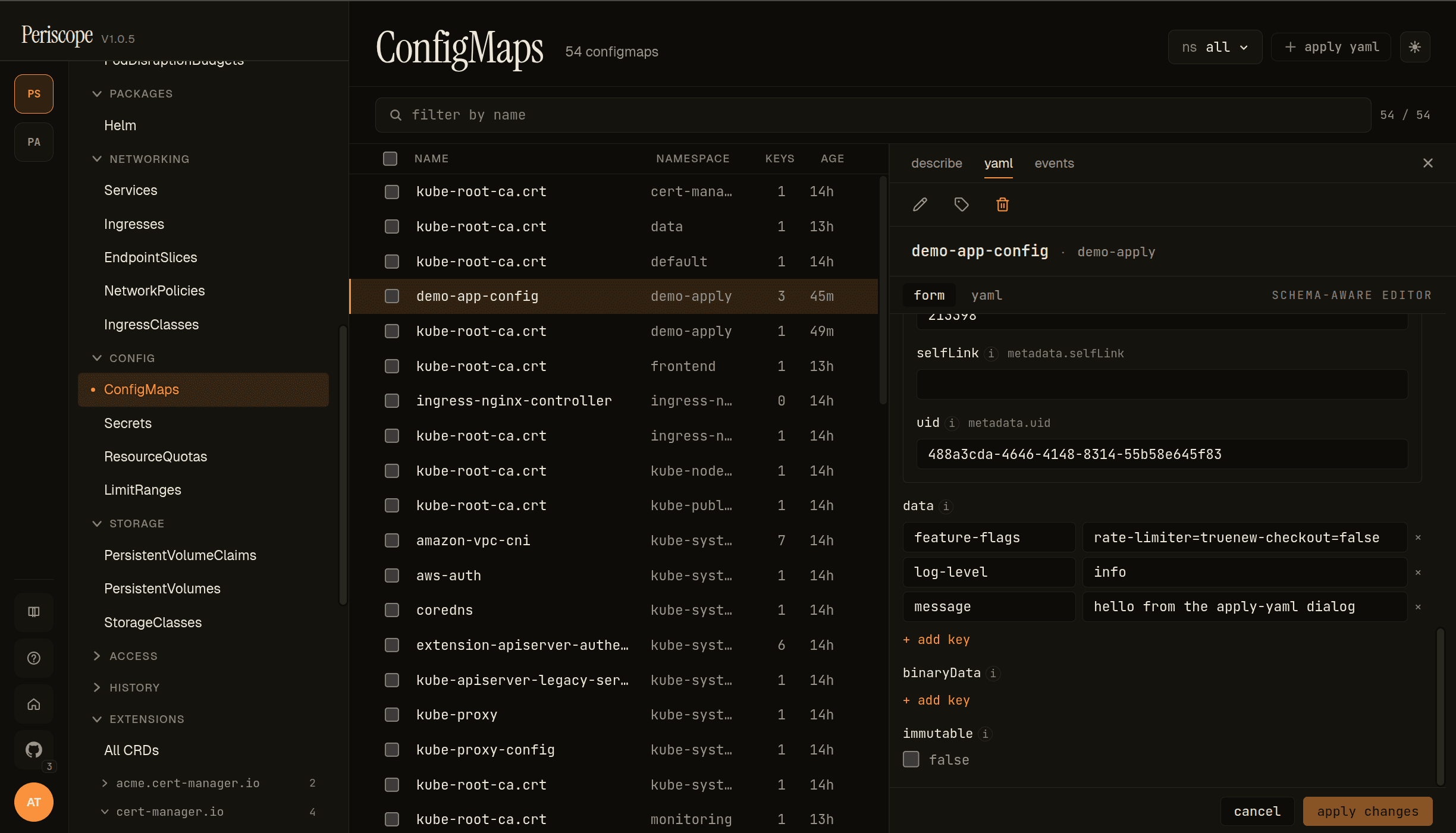 ConfigMap detail pane in form mode — demo-app-config showing the data kv-map with feature-flags, log-level, message keys