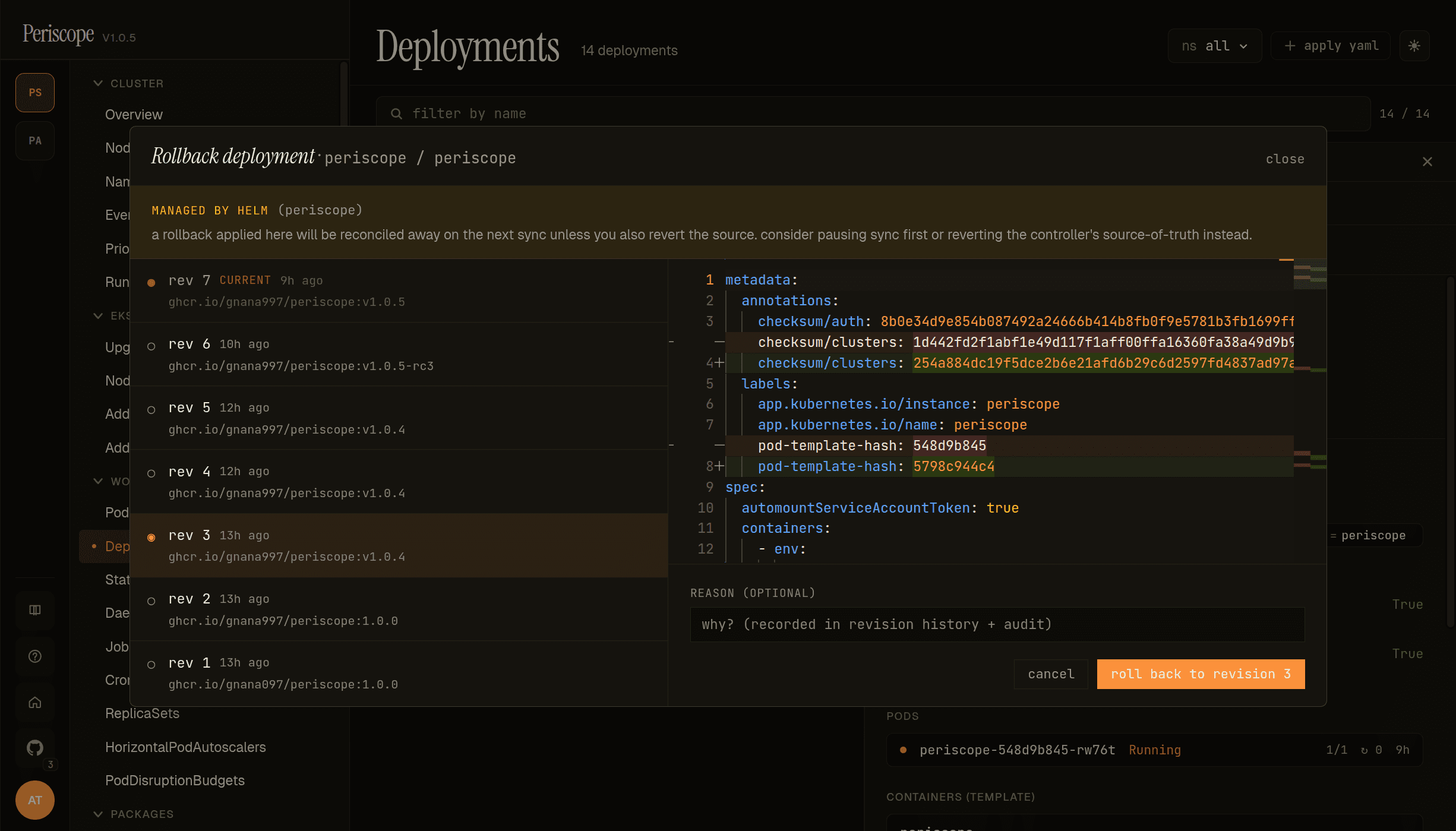 Rollback dialog — periscope deployment with 7 revisions