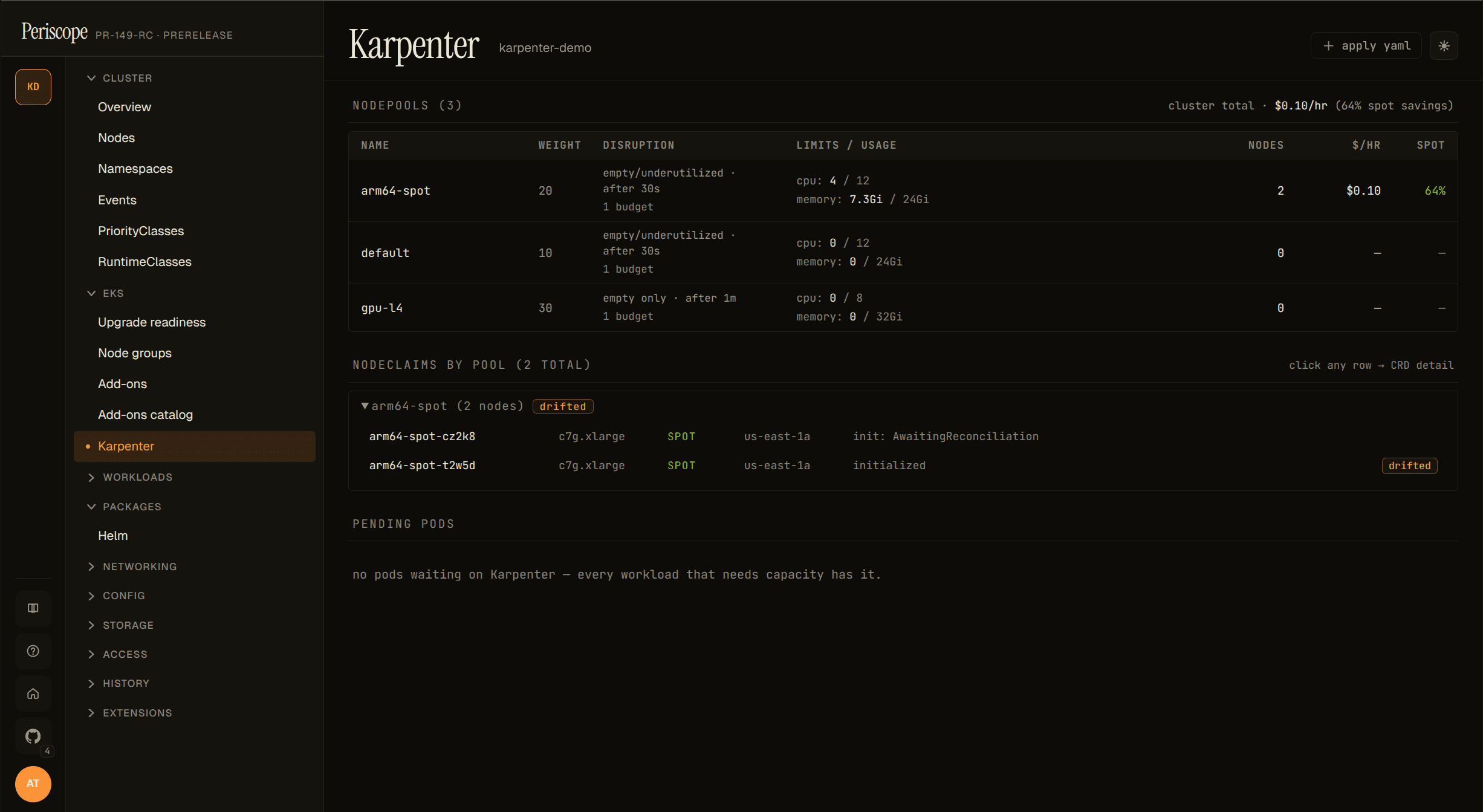 NodeClaims by pool with drift visible — yellow drifted badge on the pool summary line and on the affected claim row