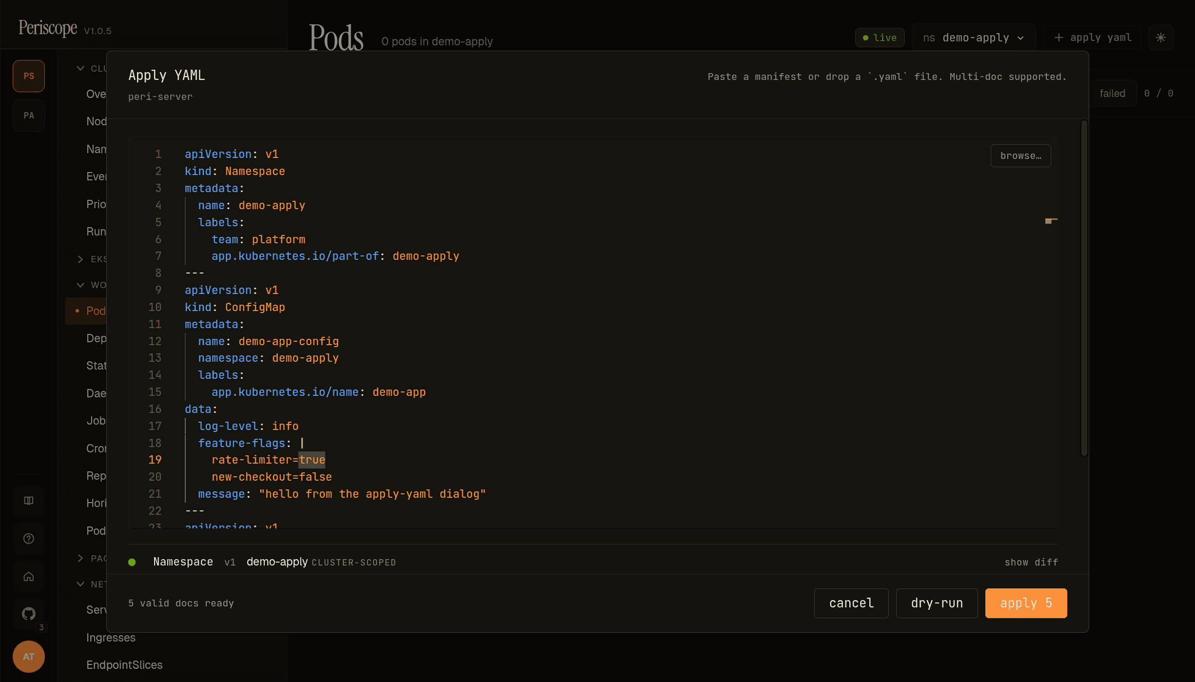 Apply YAML dialog after the editor parses — the lead Namespace doc shown in the per-doc preview list, footer summary reads 5 valid docs ready