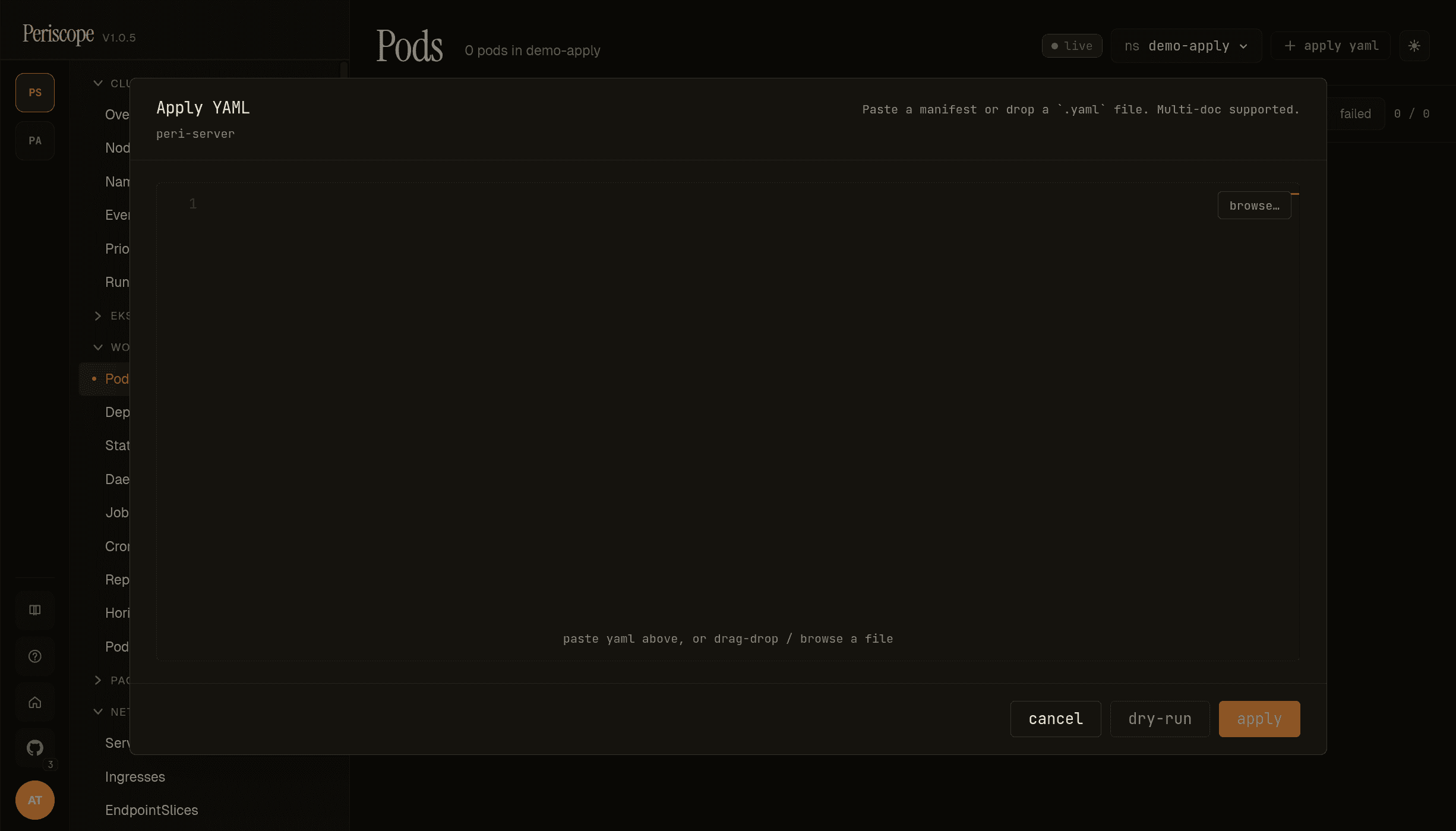 Apply YAML dialog open on the Pods page in demo-apply with an empty editor