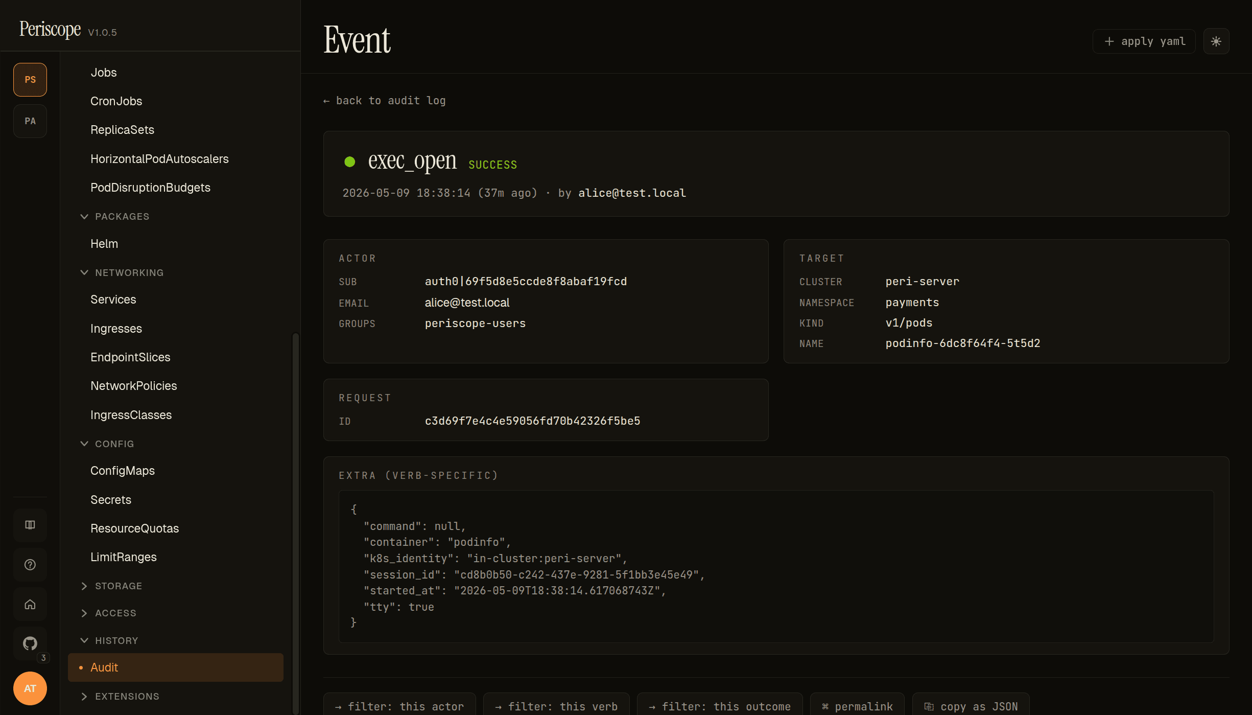 Single audit event — exec_open success on a podinfo pod
