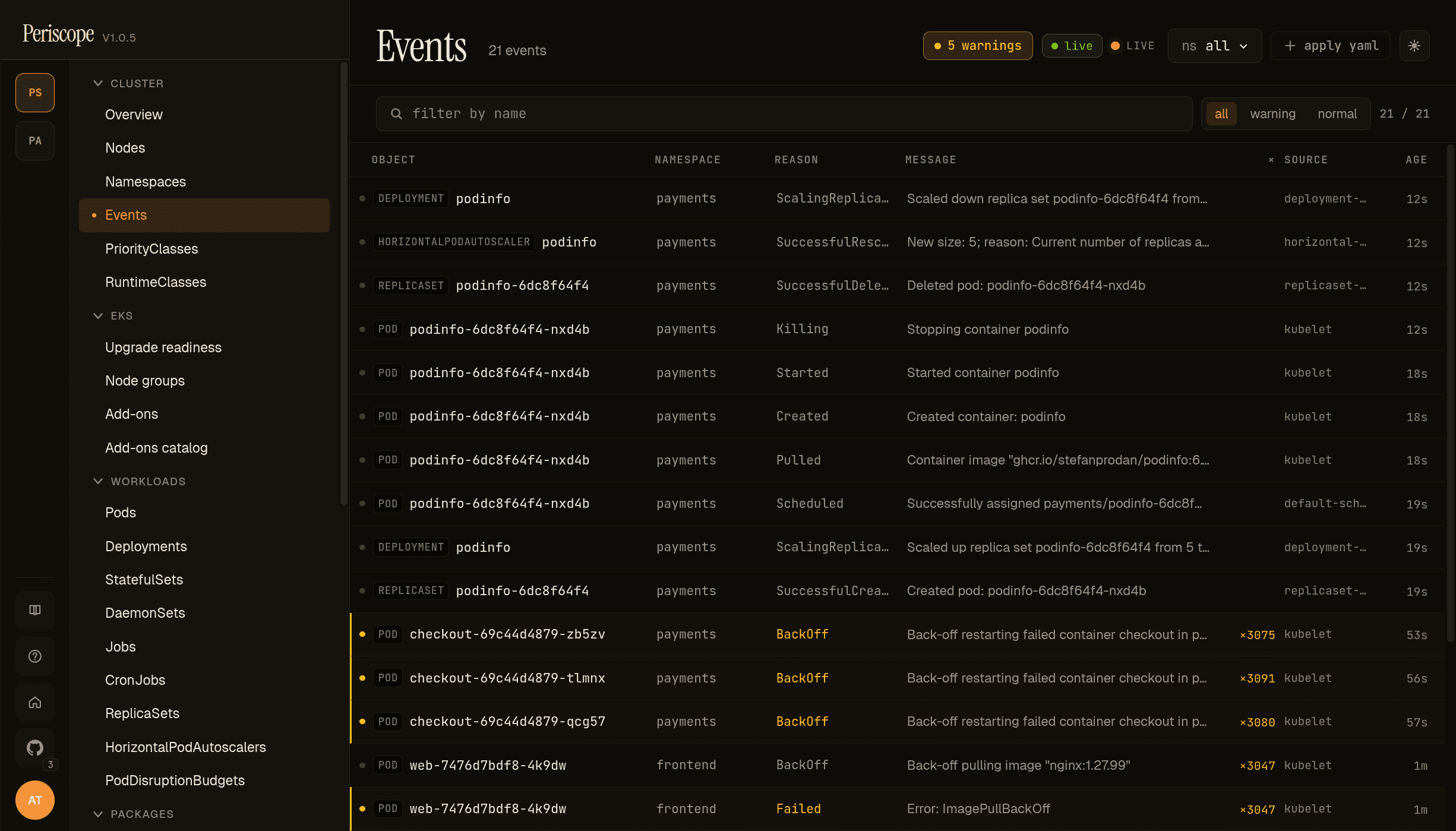 Events page on peri-server with seeded broken workloads