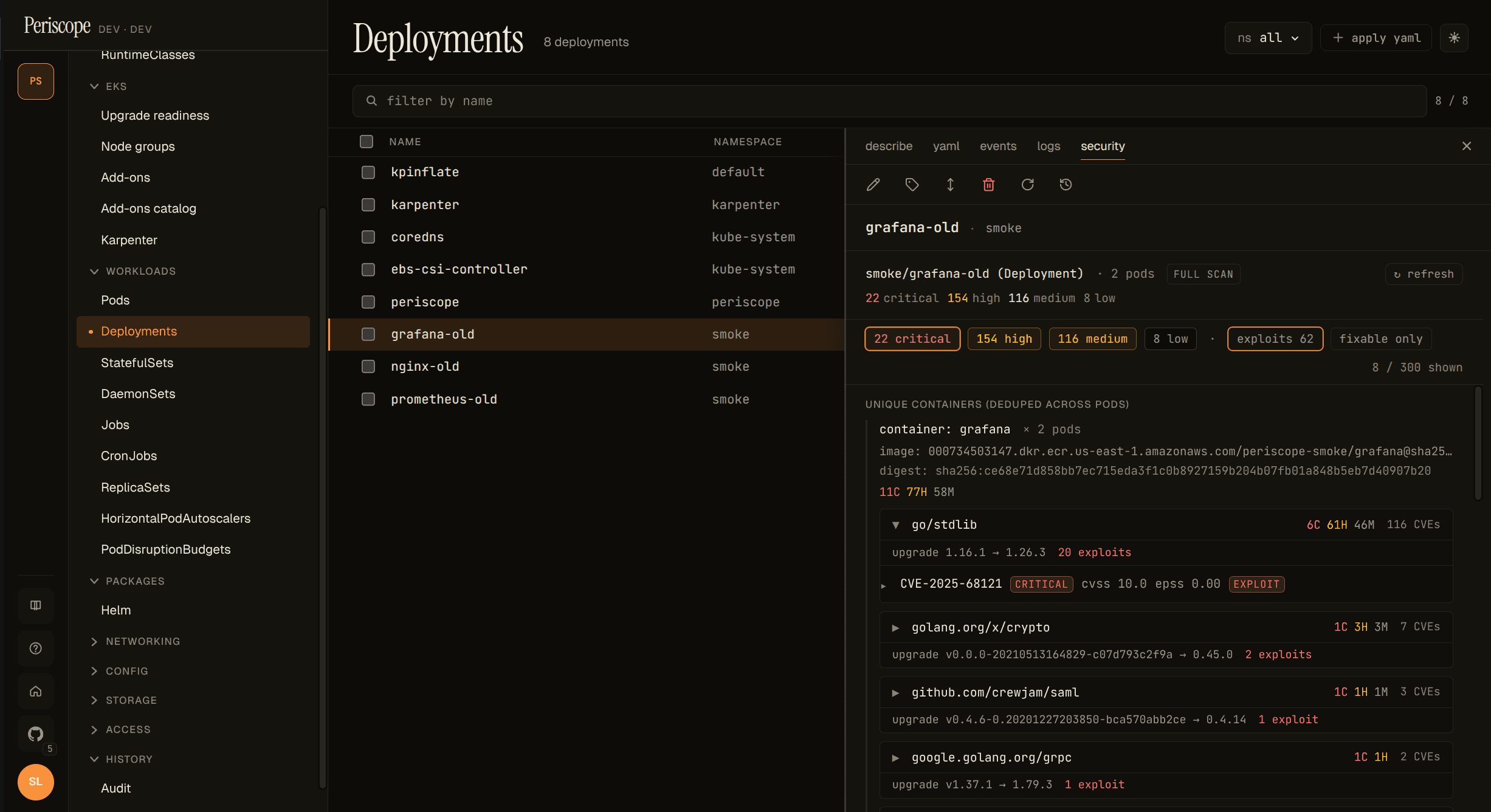 Filter chips active — exploits 62 selected on the grafana-old Workload Security tab, "8 / 318 shown" indicator, multiple package groups visible