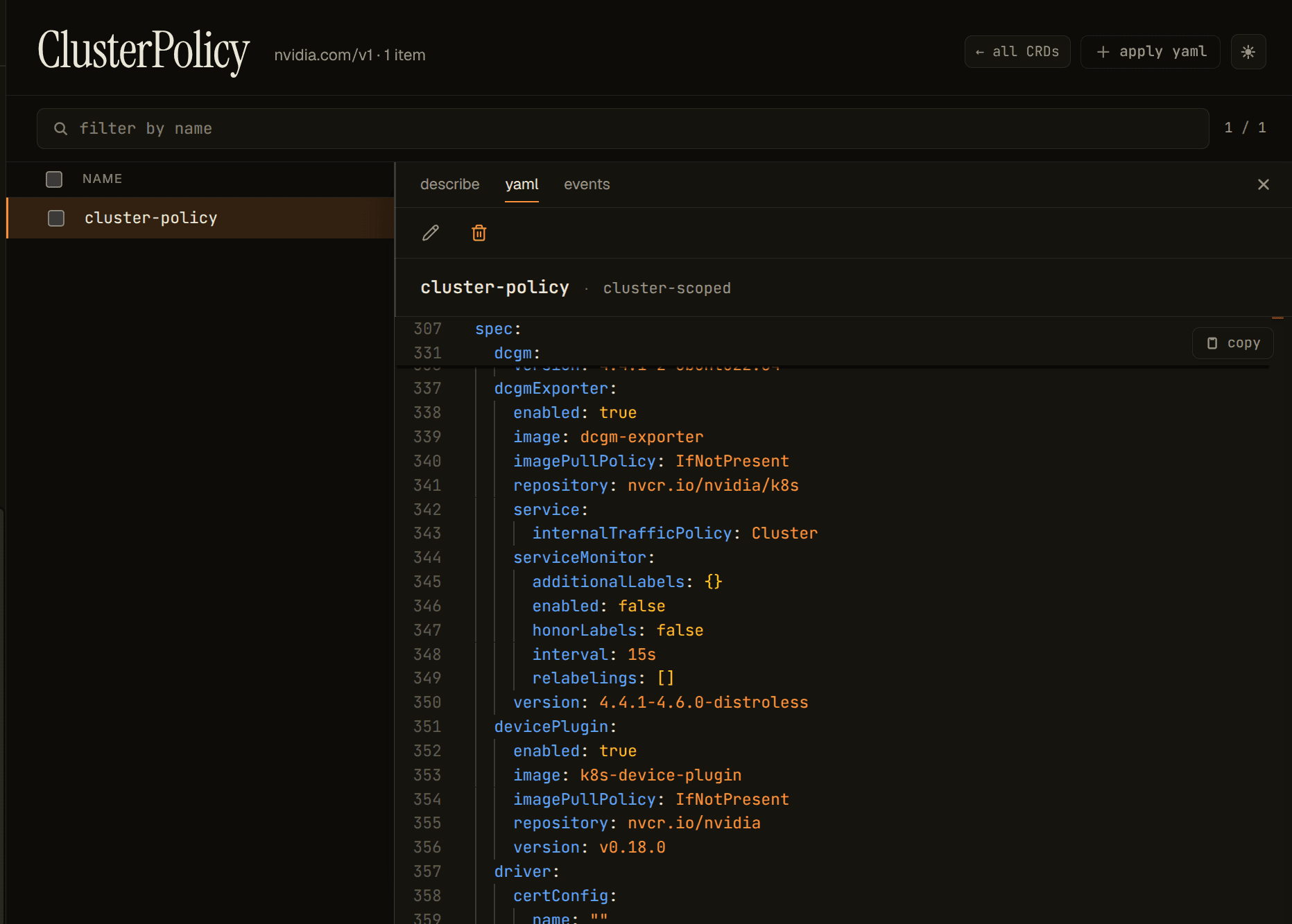 ClusterPolicy custom resource for the NVIDIA GPU Operator — driver.enabled: false (host-managed driver), toolkit.enabled: true (operator patches containerd's GPU path), devicePlugin and gfd and dcgmExporter all enabled, mig.strategy: single with migManager defaulted to all-disabled — the configuration the operator's reconciler will drive every operand toward