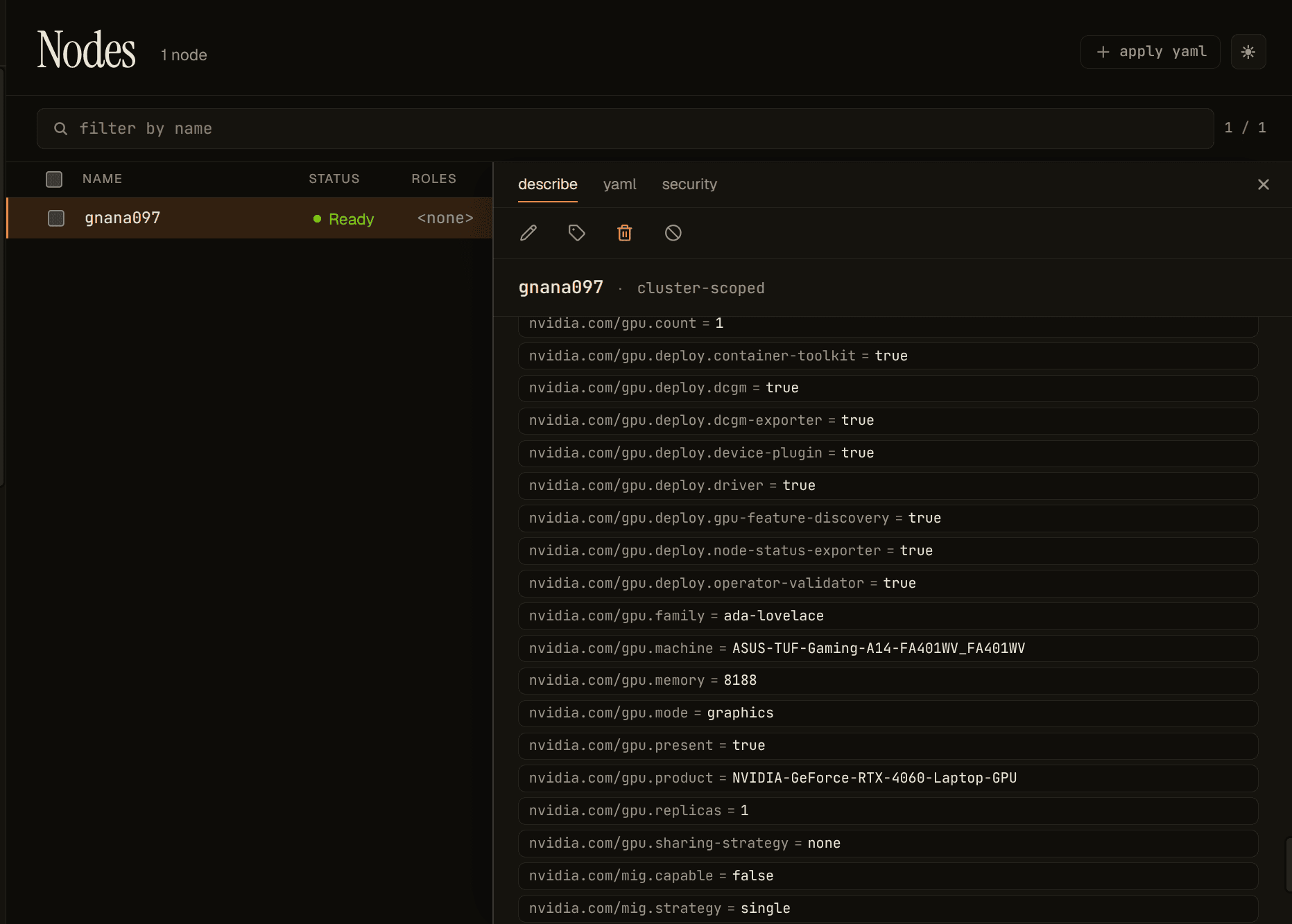 A GPU-bearing Kubernetes node with NFD and GFD labels — nvidia.com/gpu.product, gpu.count, cuda.driver.major and version, gpu.compute.major, gpu.memory, mig.strategy, plus dozens of feature.node.kubernetes.io labels naming the device class, CUDA capability, and host runtime — the "description truth" the scheduler and operators can read without scraping anything
