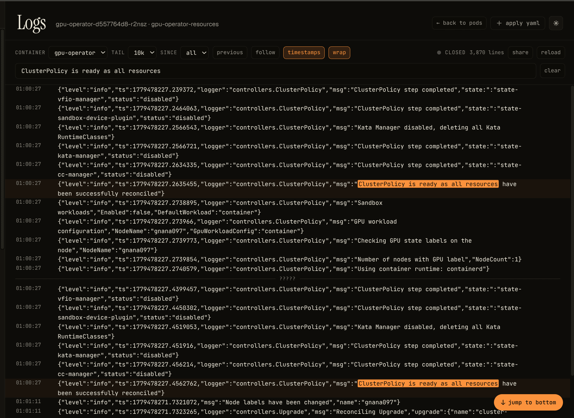 NVIDIA GPU Operator in the fully reconciled state — every operand (NFD, GFD, device plugin, dcgm-exporter, toolkit installer, validator, mig-manager) reporting Ready, the ClusterPolicy state moved off "not ready" and the GPU stack stable enough for workloads to land
