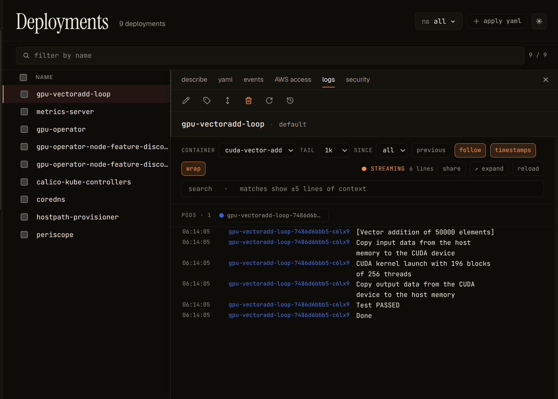 CUDA vector-add Kubernetes Deployment manifest — single replica requesting nvidia.com/gpu: 1, with runtimeClassName: nvidia and a toleration for the nvidia.com/gpu taint; this is the test workload that exercises the device-plugin allocation path and the dcgm-exporter attribution path end to end