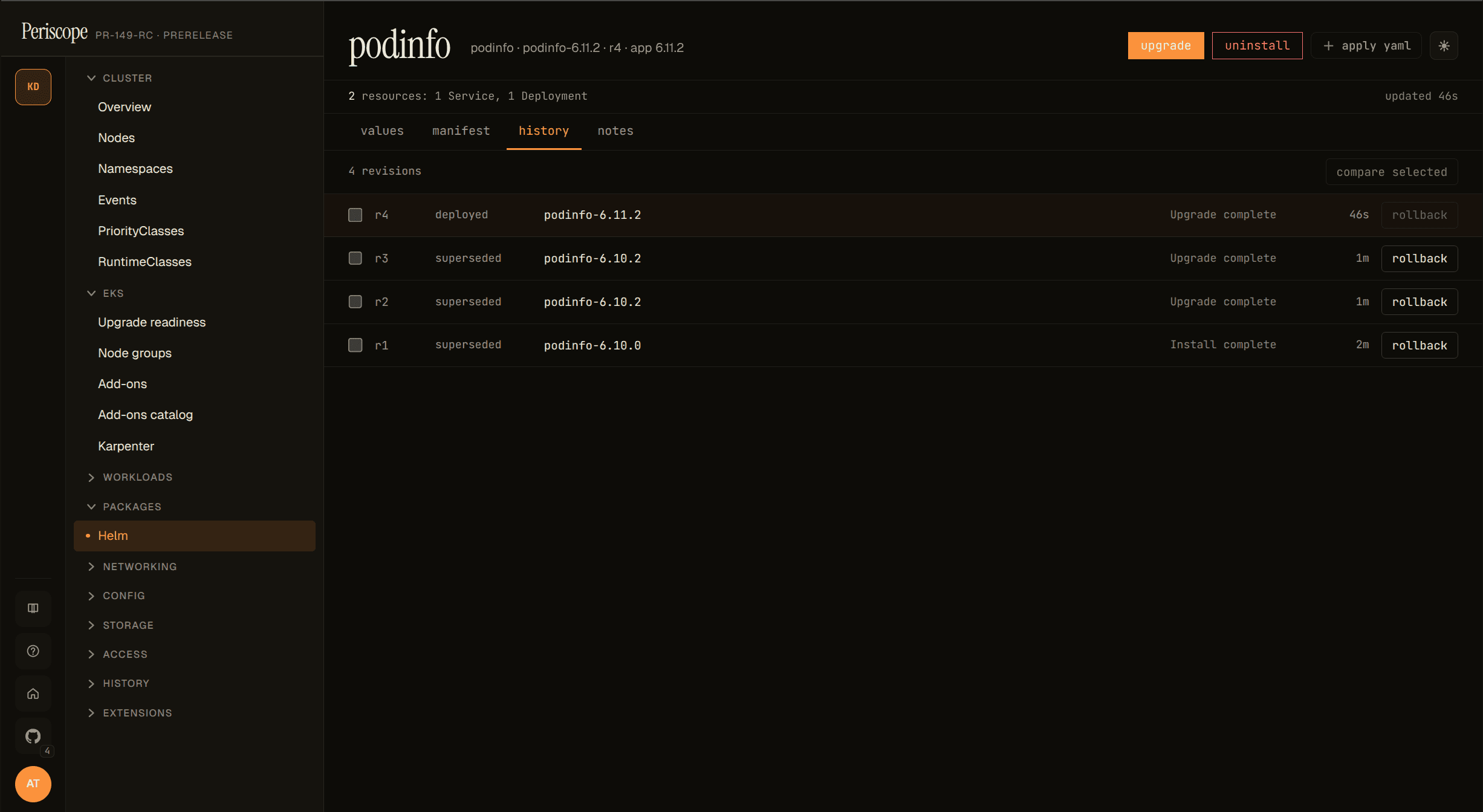 Helm release history — 4 revisions with per-row rollback action and compare-selected affordance