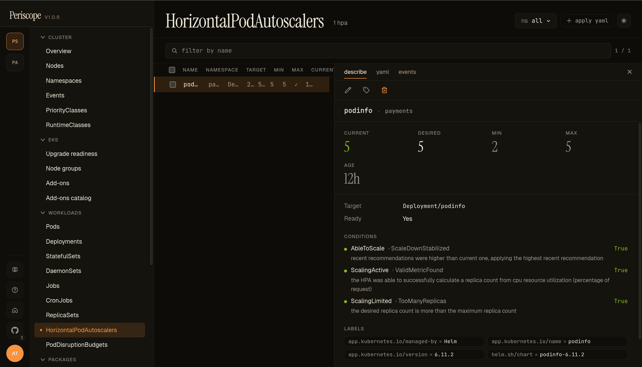 HorizontalPodAutoscalers list — 1 HPA on peri-server, podinfo in payments at max replicas