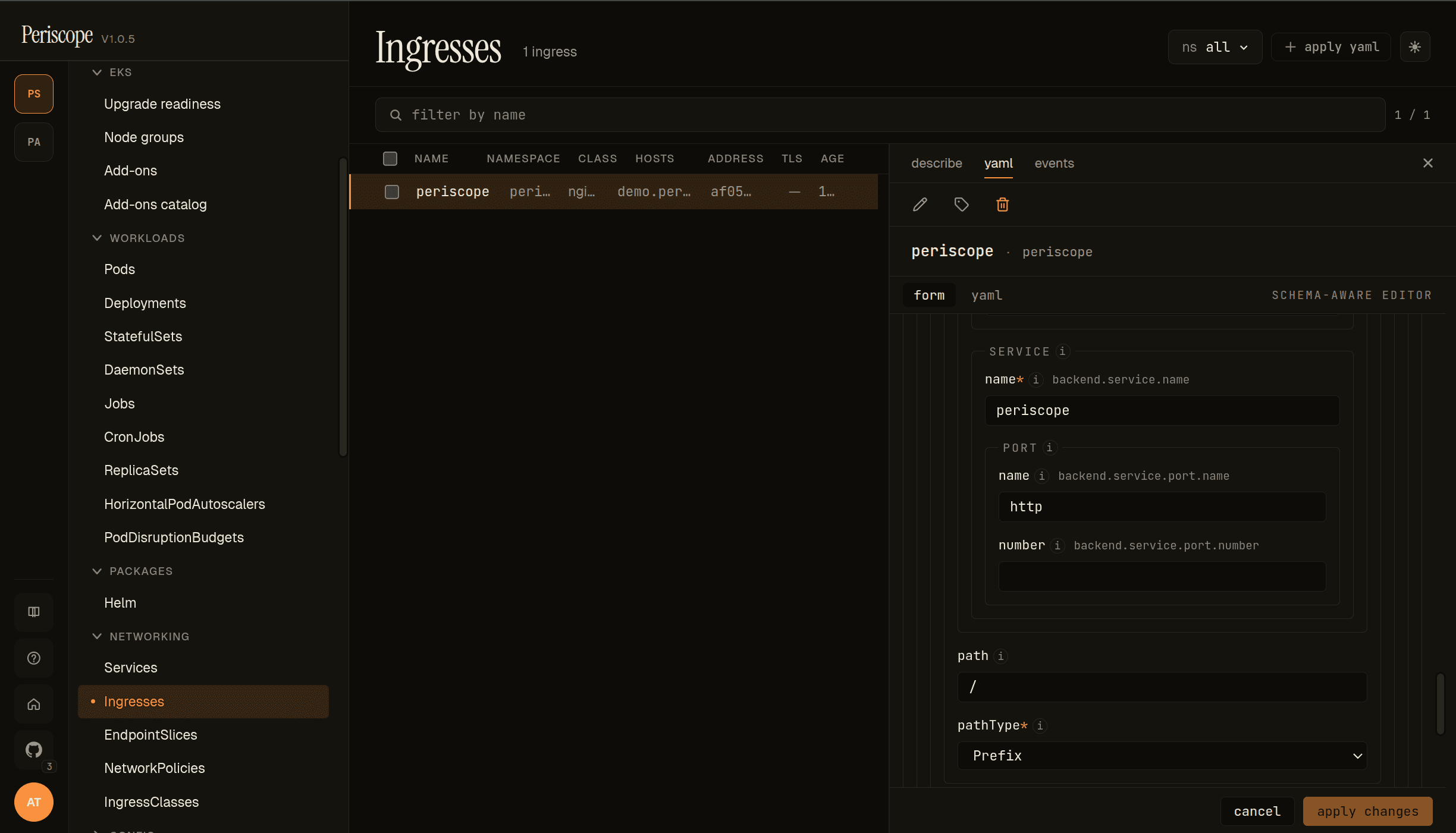 Ingress detail pane in form mode — periscope ingress with backend.service.name + path + pathType=Prefix