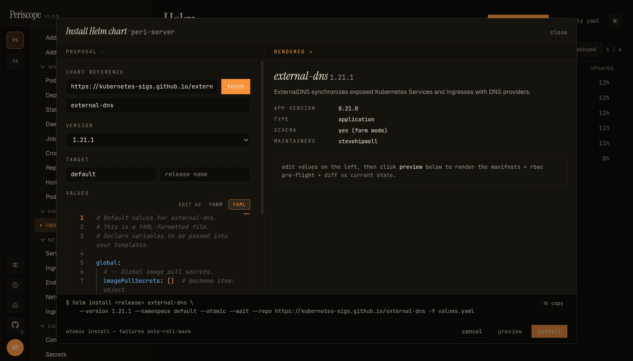 Helm install dialog — external-dns chart with values editor