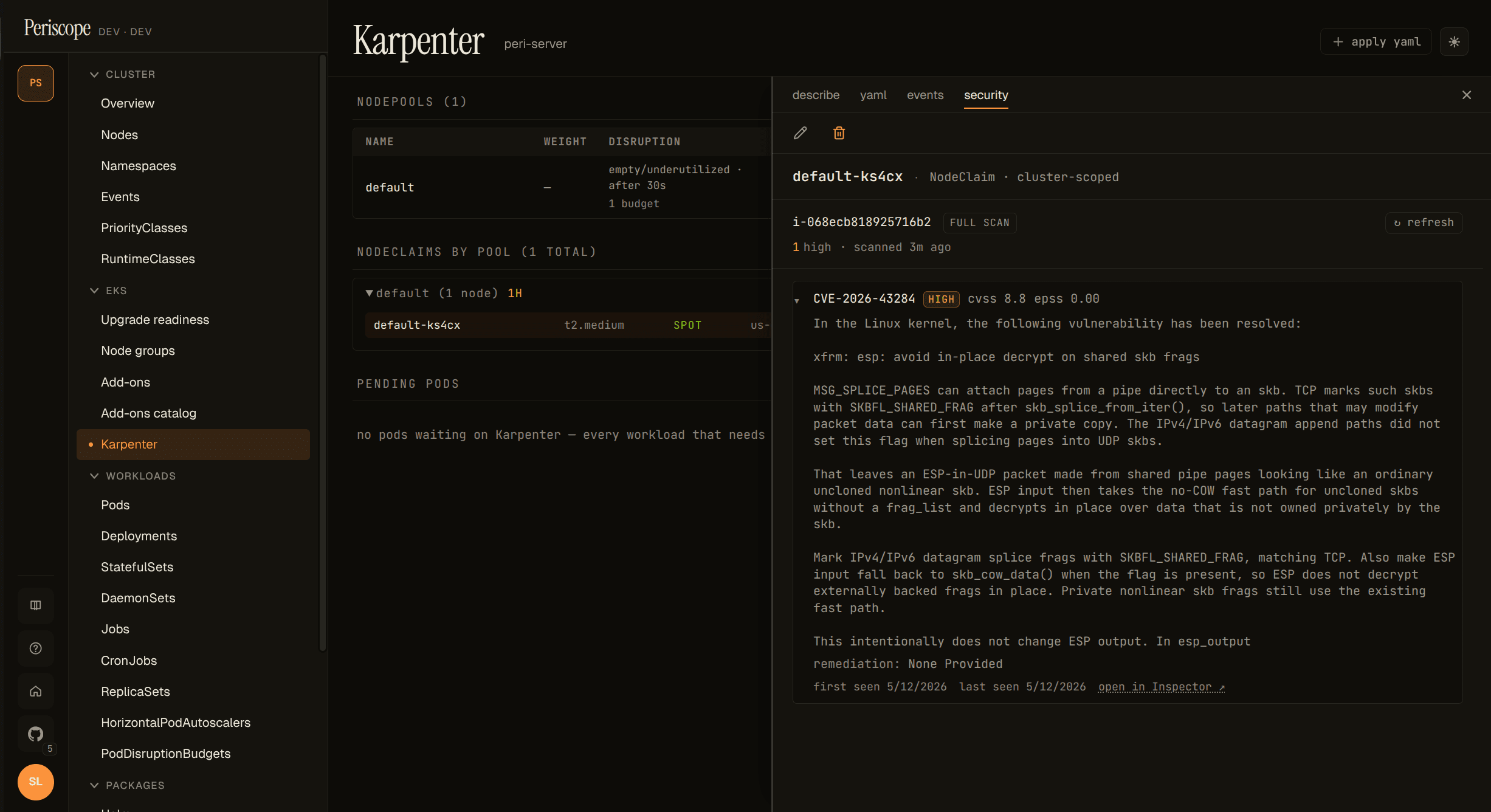 Karpenter page — chip column on each NodeClaim row plus an aggregate chip on the NodePool group header summing across member claims