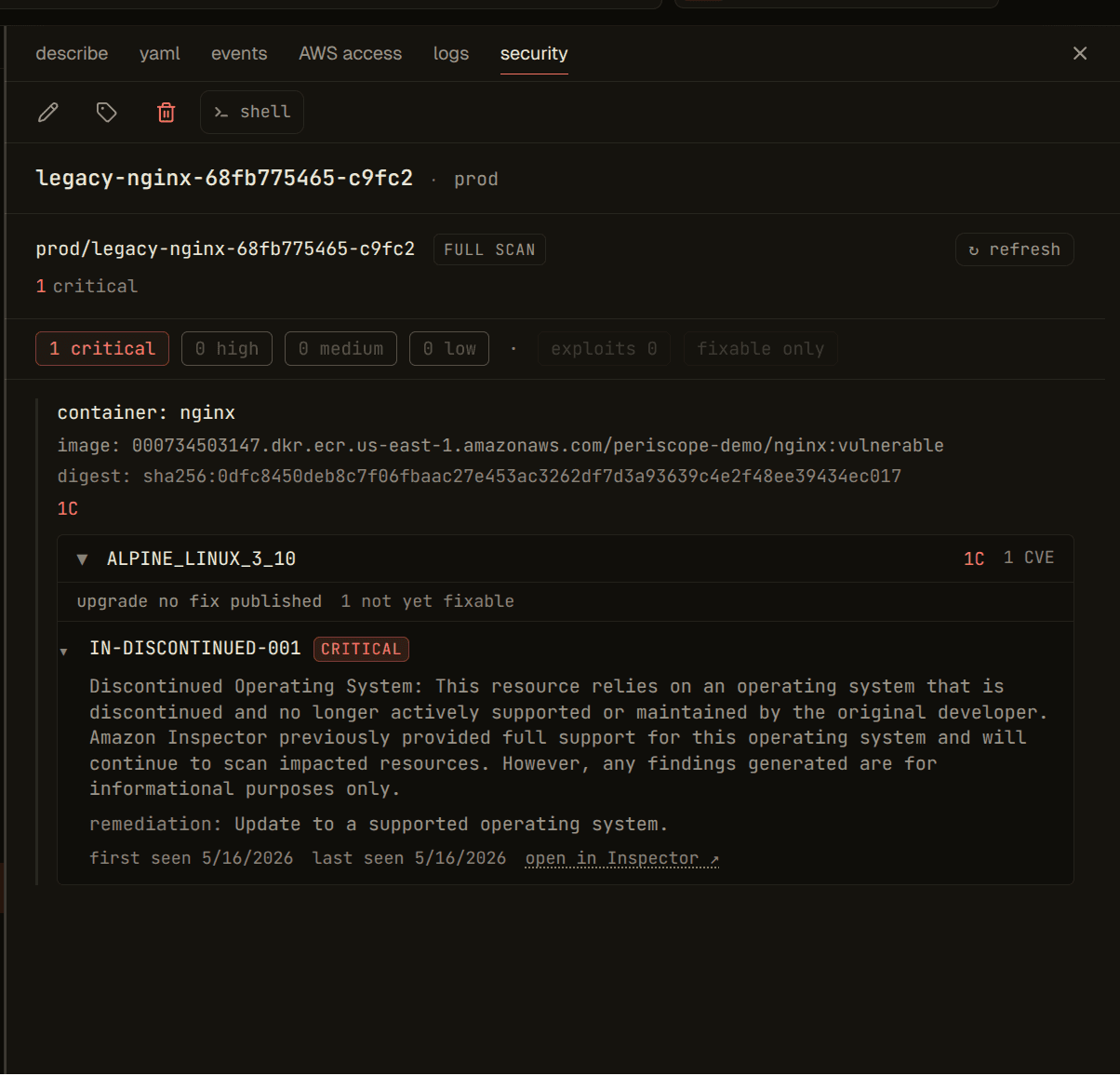 Pod-detail Security tab on prod/legacy-nginx (the periscope-demo-eks-antipatterns fixture image) — the nginx container expanded into package groups with severity chips and the per-finding CVE count alongside Inspector's suggested upgrade target