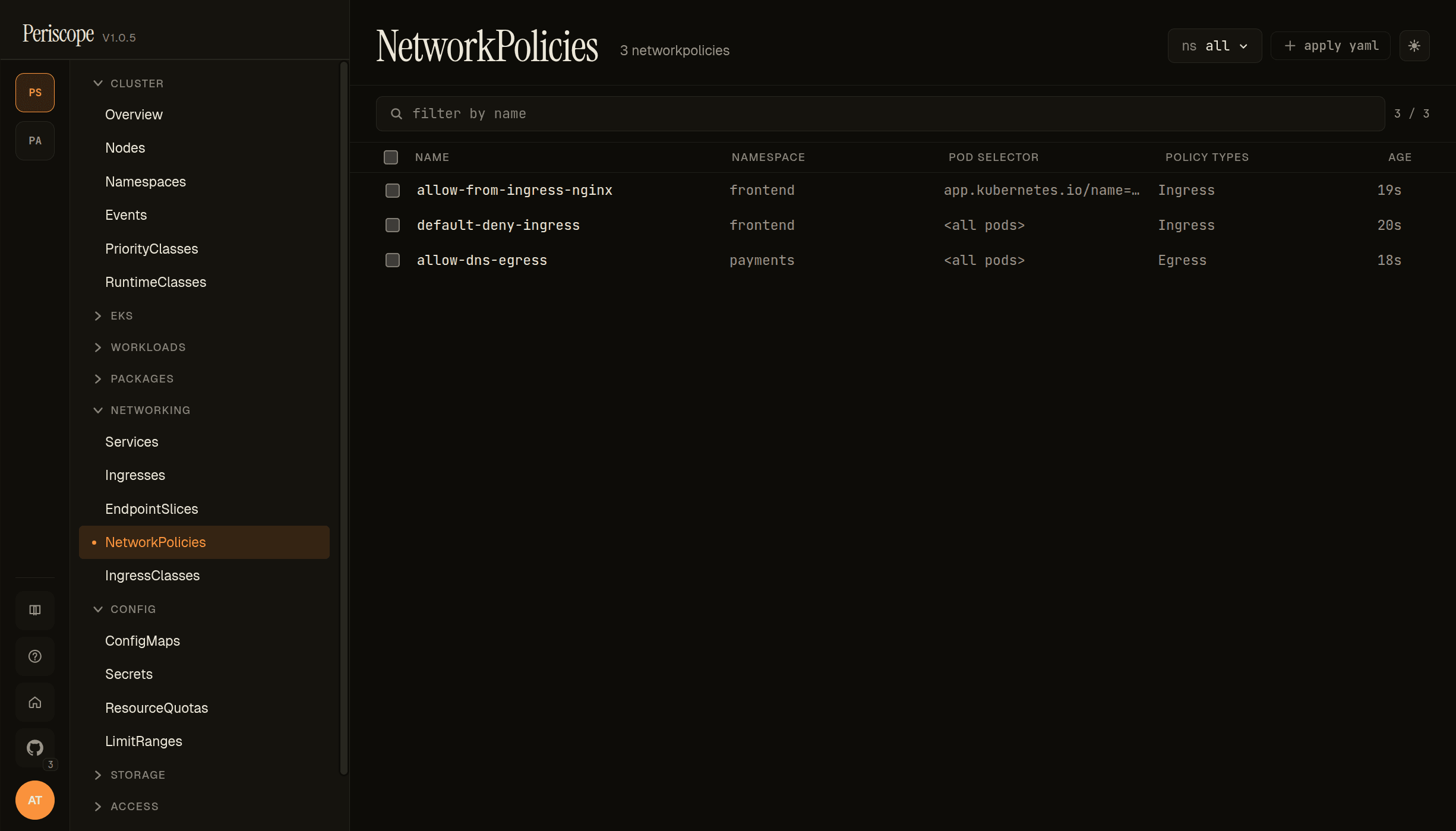 NetworkPolicies list on peri-server with 3 seeded NetPols