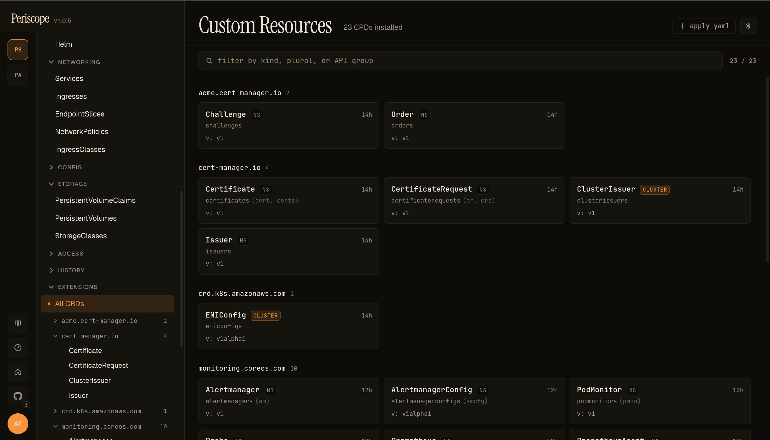 Custom Resources page — 23 CRDs grouped by API group on peri-server