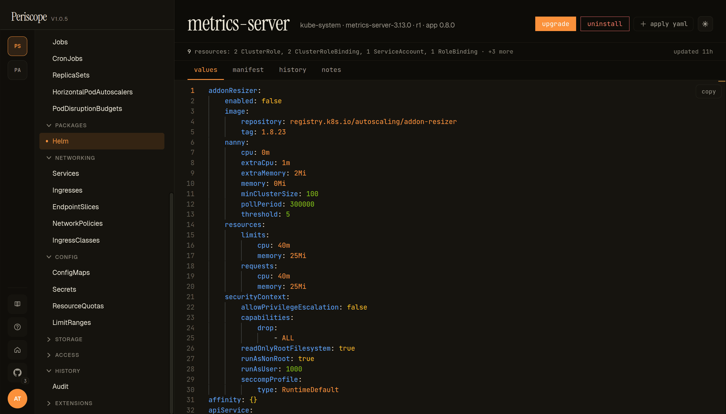metrics-server release detail — values tab showing the installed values yaml