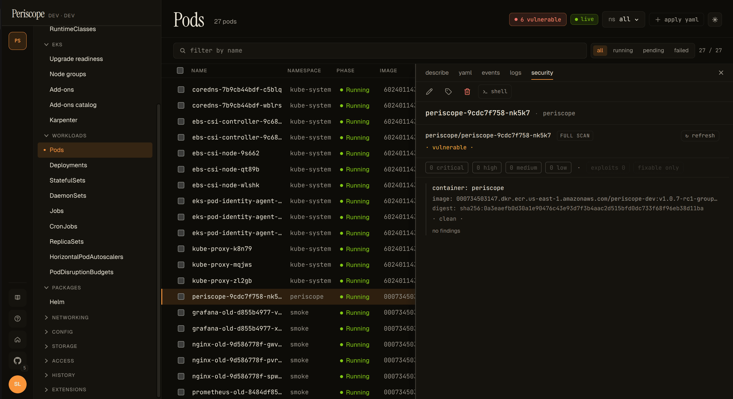 Pods page — periscope's own pod selected, Security tab shows · clean · chip and "no findings" body for the periscope container