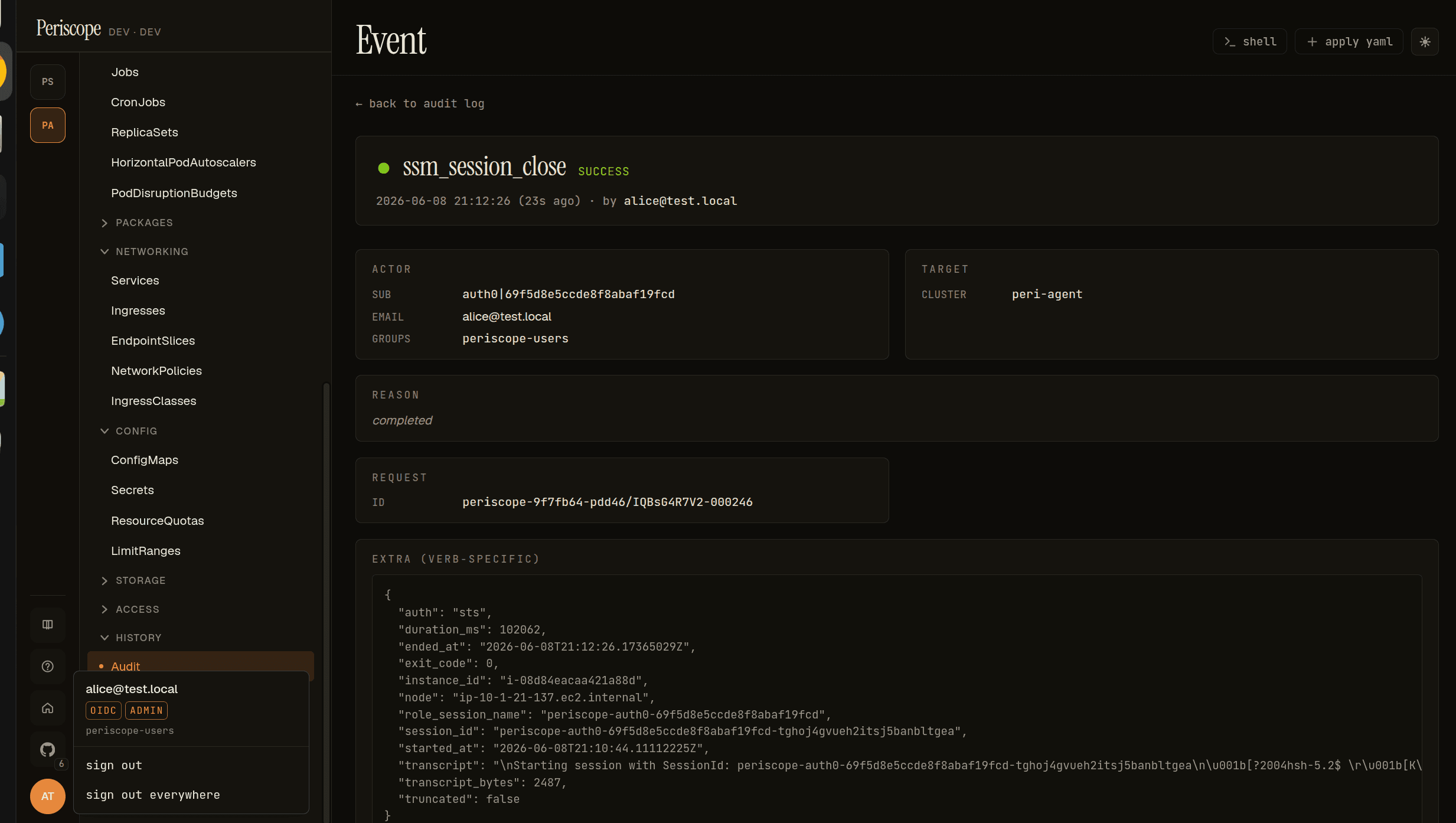 Periscope audit log detail for an ssm_session_close event: actor alice@corp / periscope-users, target cluster, duration, exit code, instance id, the assumed role-session name, and the captured session transcript