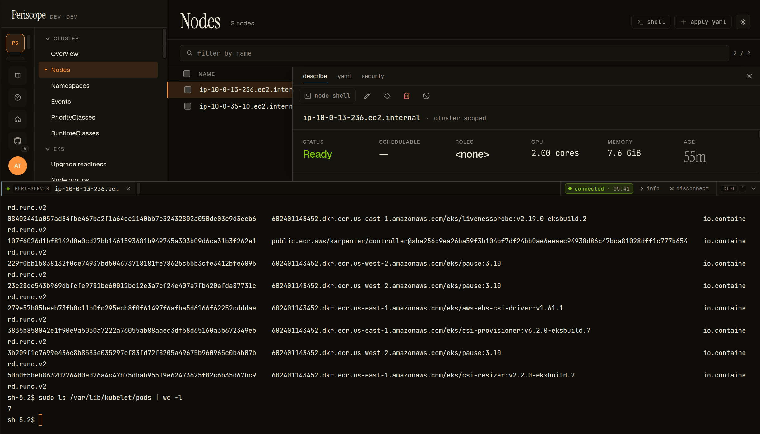 In-browser SSM shell on an EKS node's EC2 host, opened from the Periscope Nodes page