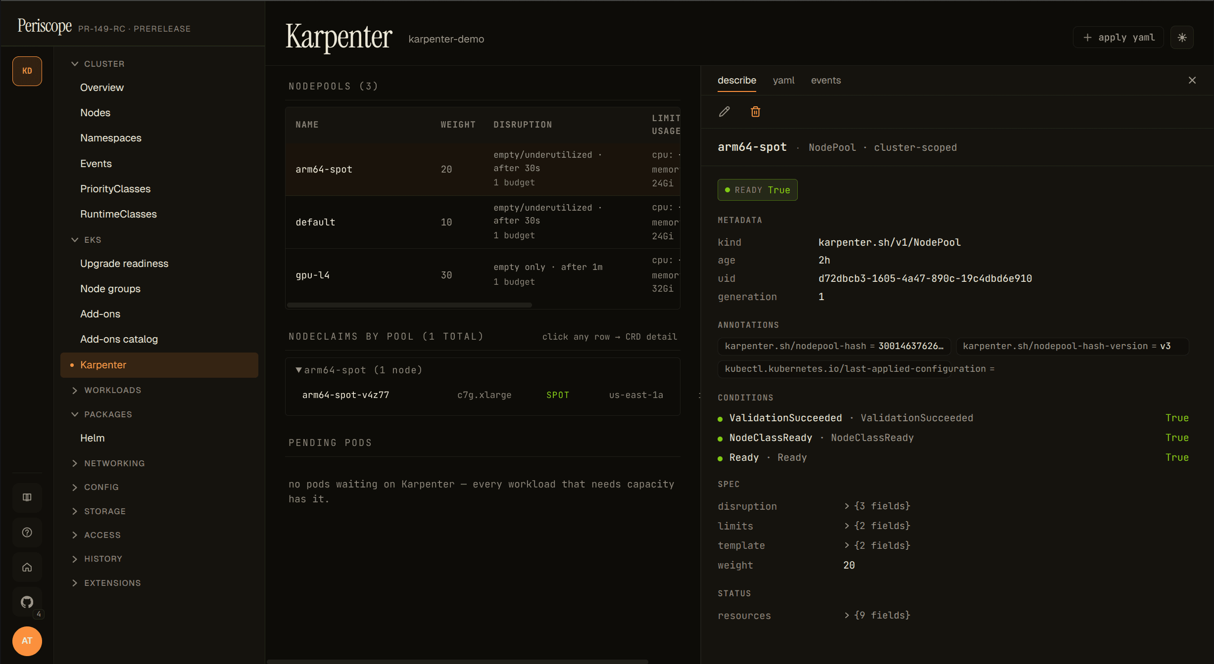 NodePool detail pane — describe tab with metadata, conditions, spec summary