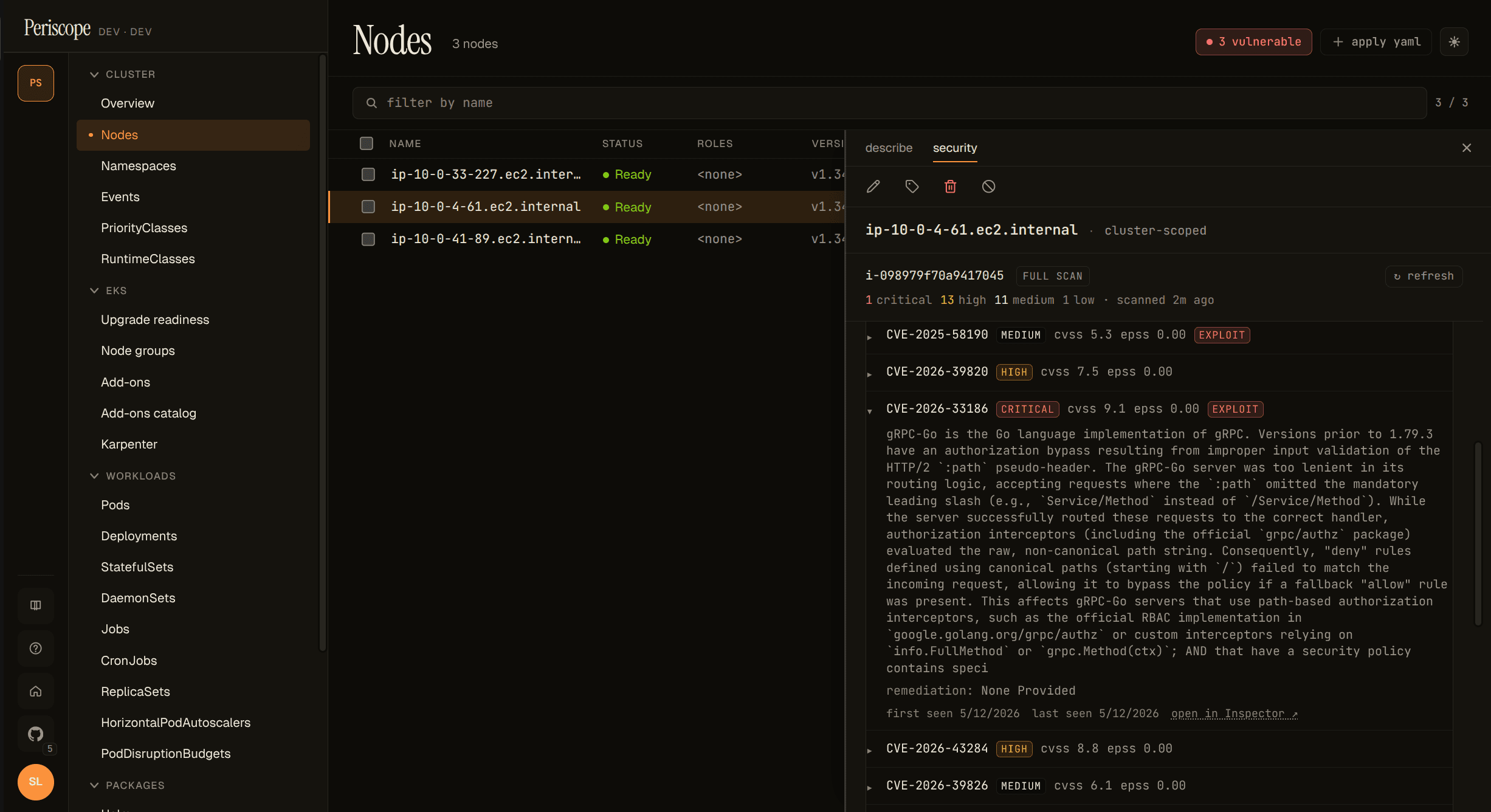 Nodes page — 3 vulnerable indicator in the page header, per-row severity chips joined to each instance's owner (managed nodegroup vs Karpenter NodeClaim)