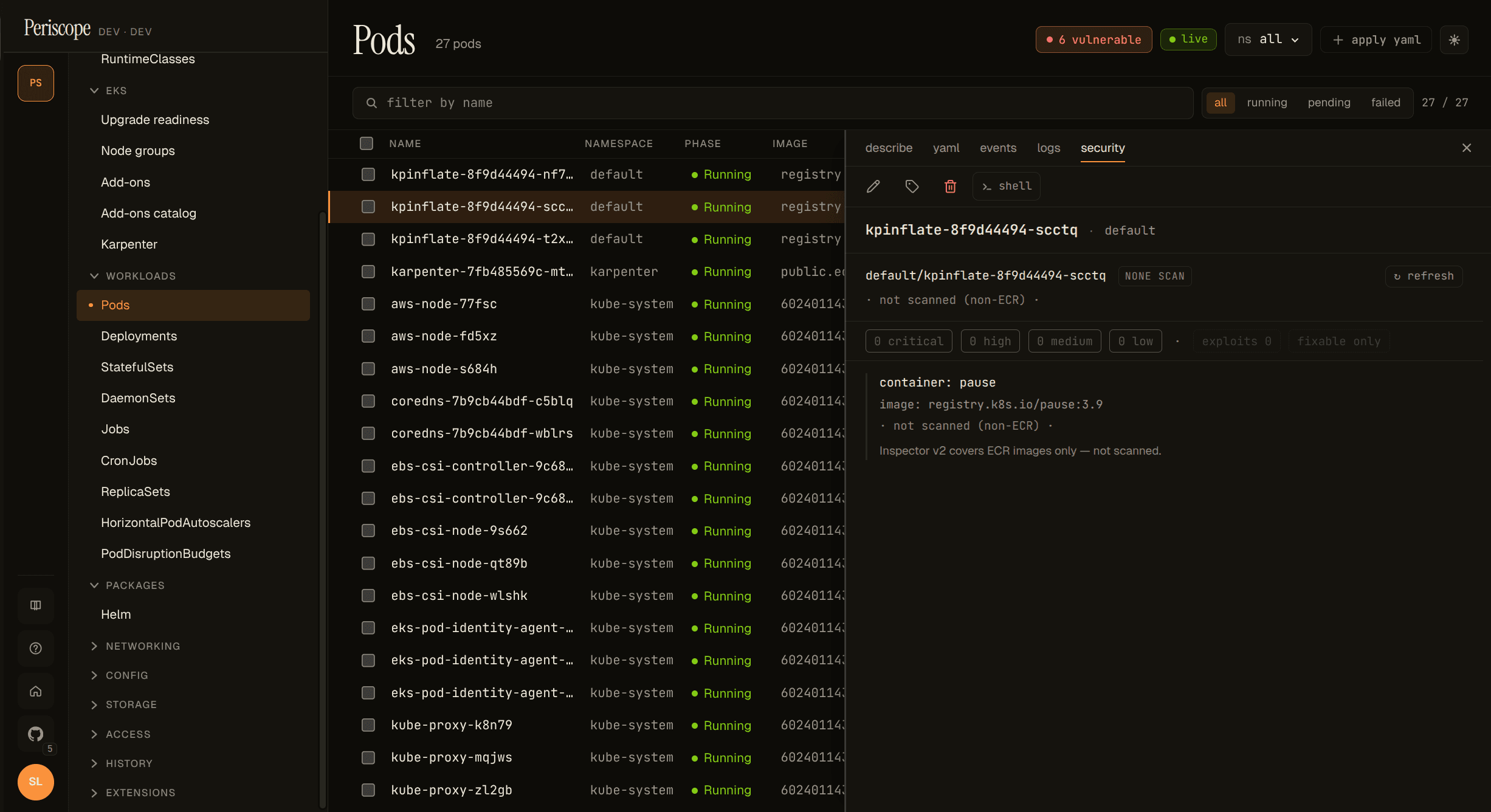 Pods page — kpinflate pod with the pause:3.9 image from registry.k8s.io, Security tab shows "not scanned (non-ECR) — Inspector v2 covers ECR images only — not scanned" empty state
