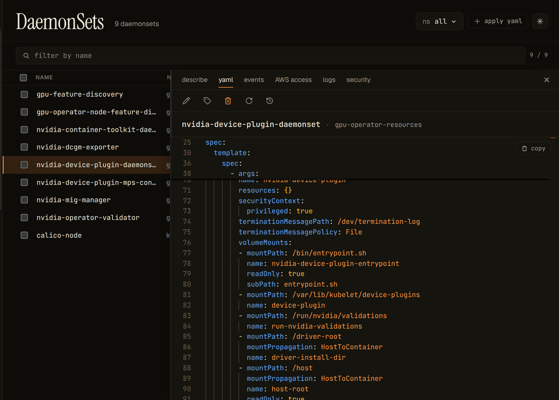 NVIDIA device plugin DaemonSet manifest — the hostPath mount on the kubelet's device-plugin registration directory: this is the allocation boundary where the plugin registers with kubelet and participates in handing GPUs to pods (on this microk8s lab the host path nests under /var/snap/microk8s/common/var/lib/kubelet/device-plugins; on a standard kubelet install it's /var/lib/kubelet/device-plugins)