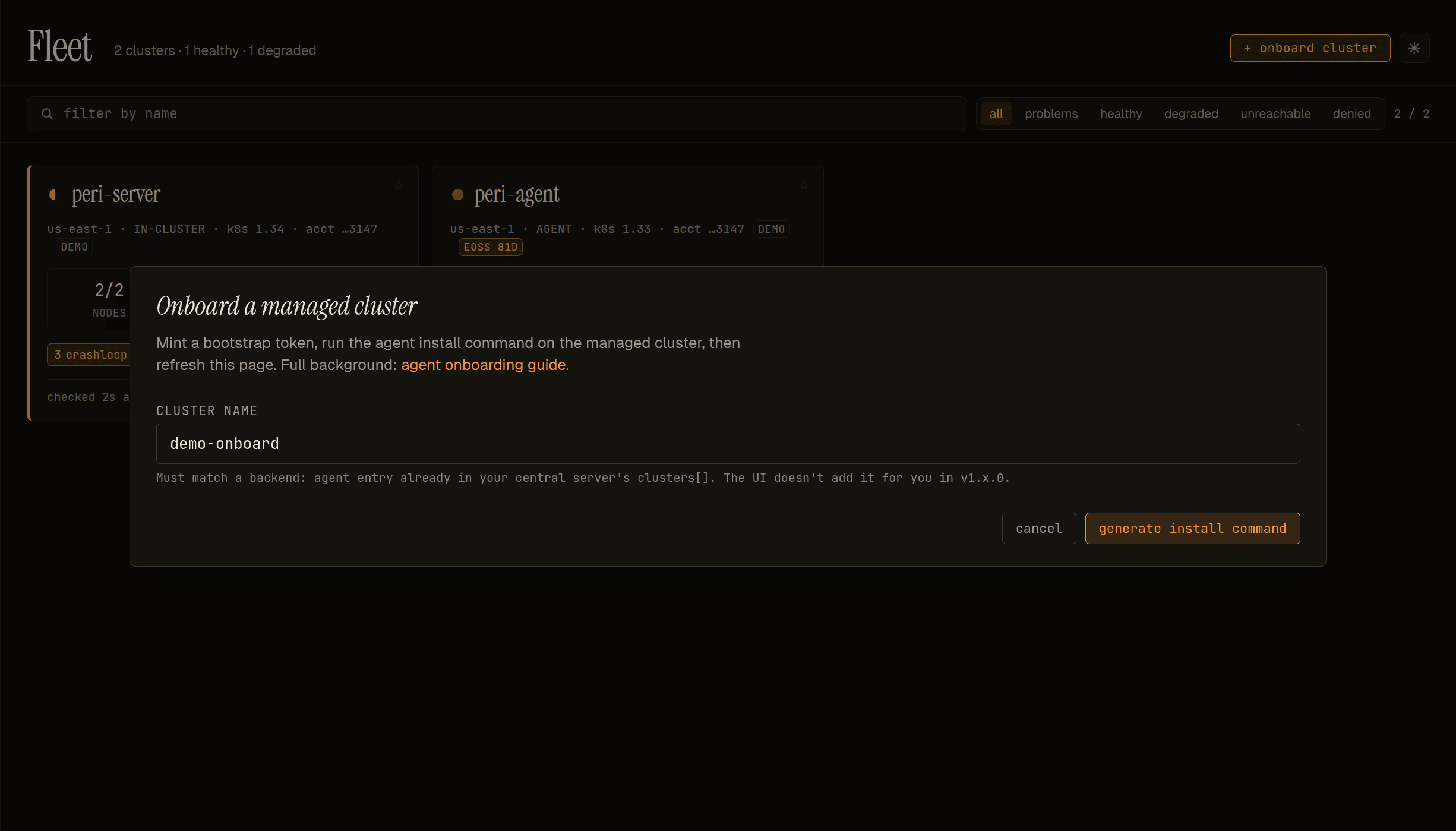 Onboard dialog — enter the cluster name