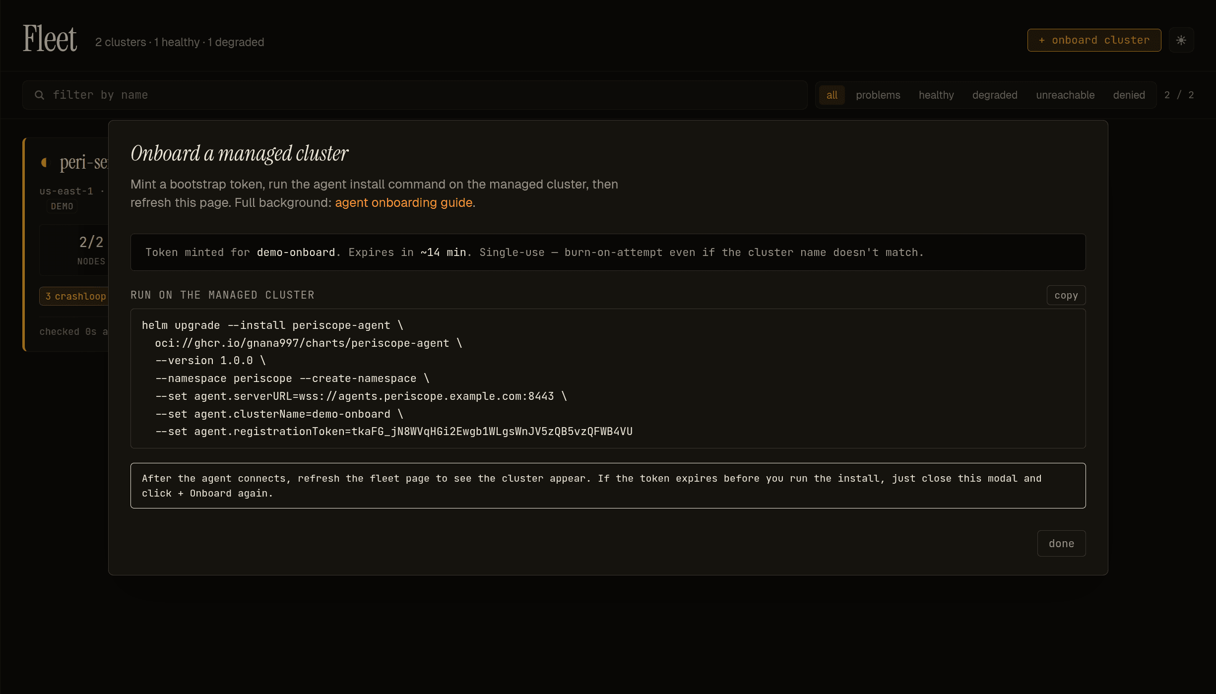 Generated helm-install command with the bootstrap token