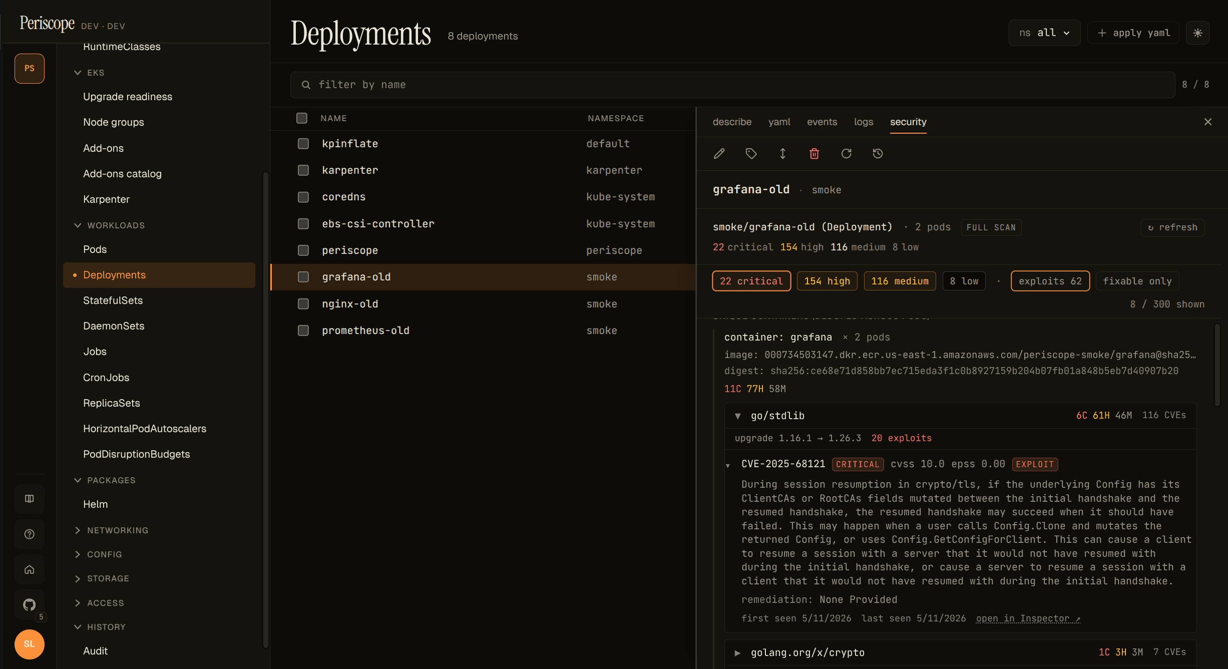 Per-finding detail expanded — one CVE row open showing description, remediation text + vendor advisory link, first / last observed timestamps, and a deep link to AWS Inspector for the underlying finding ARN