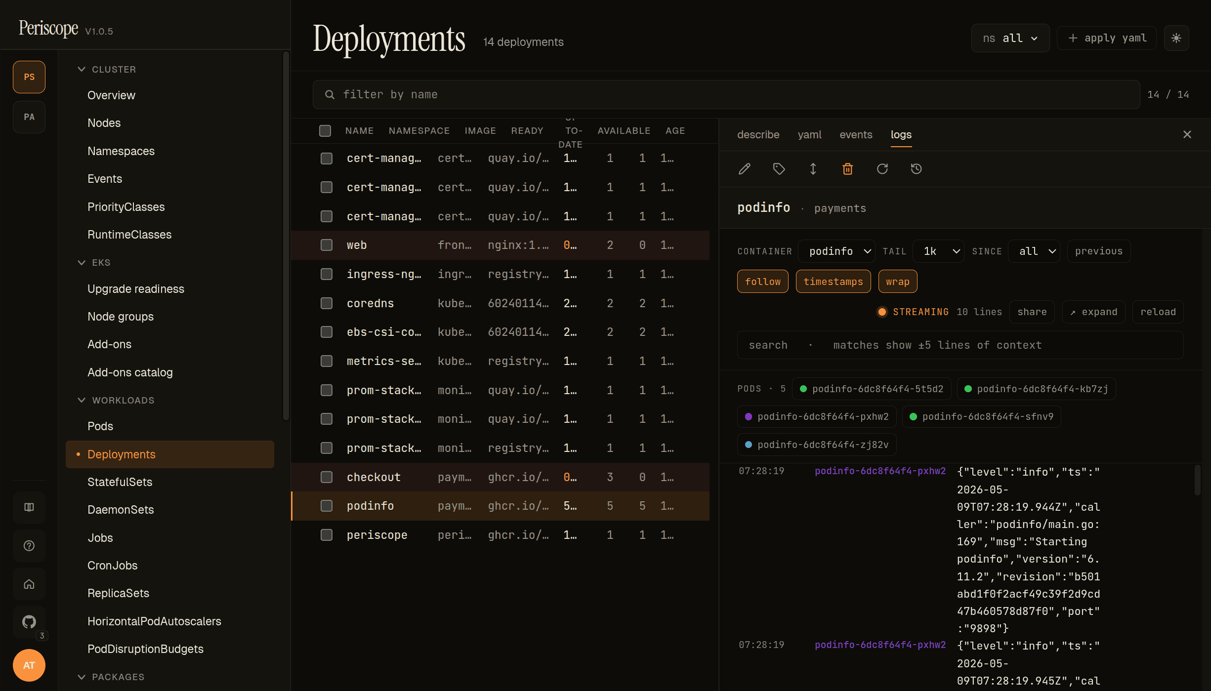 Pod logs — live following