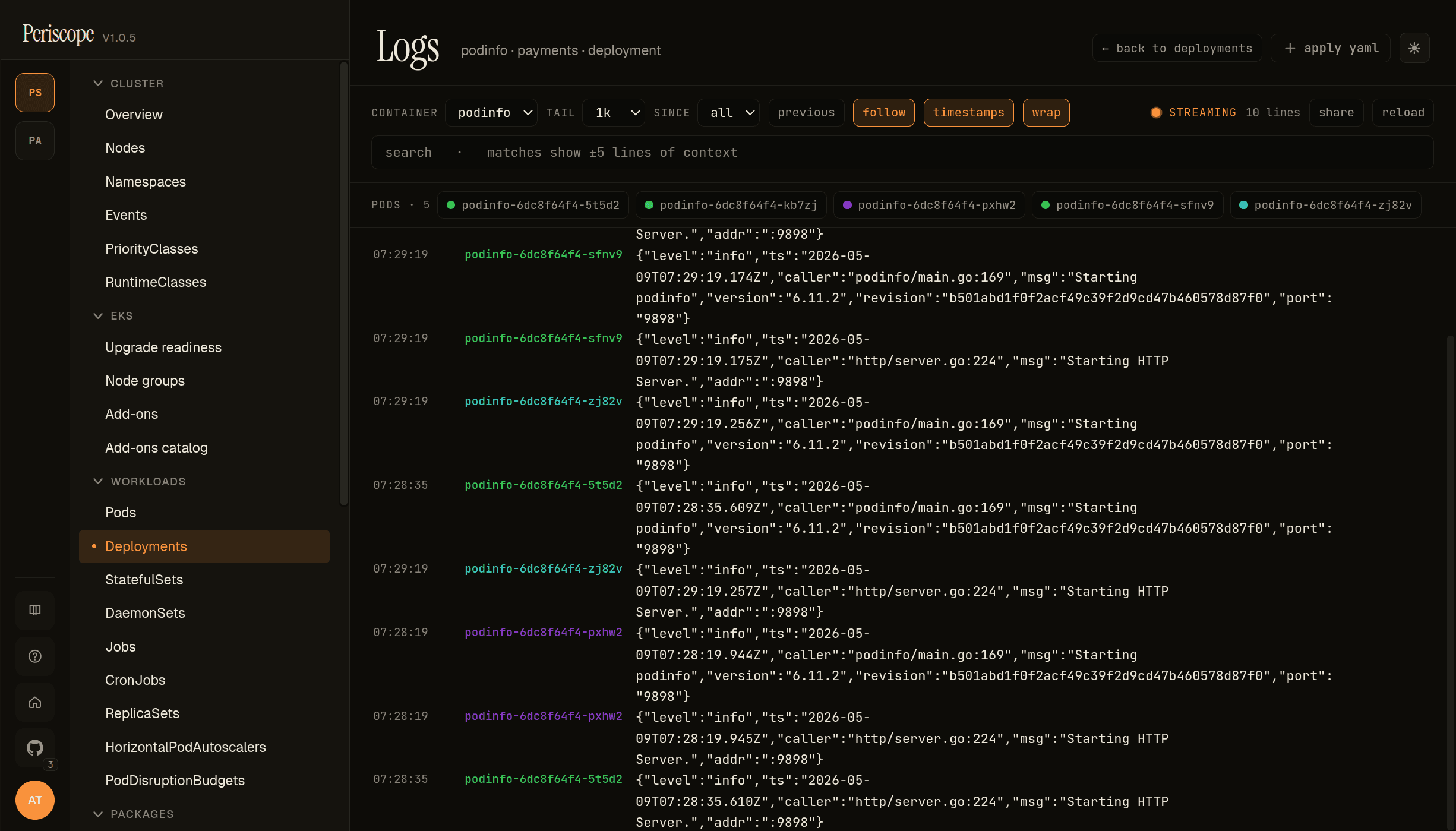 Logs expanded with structured-line preview