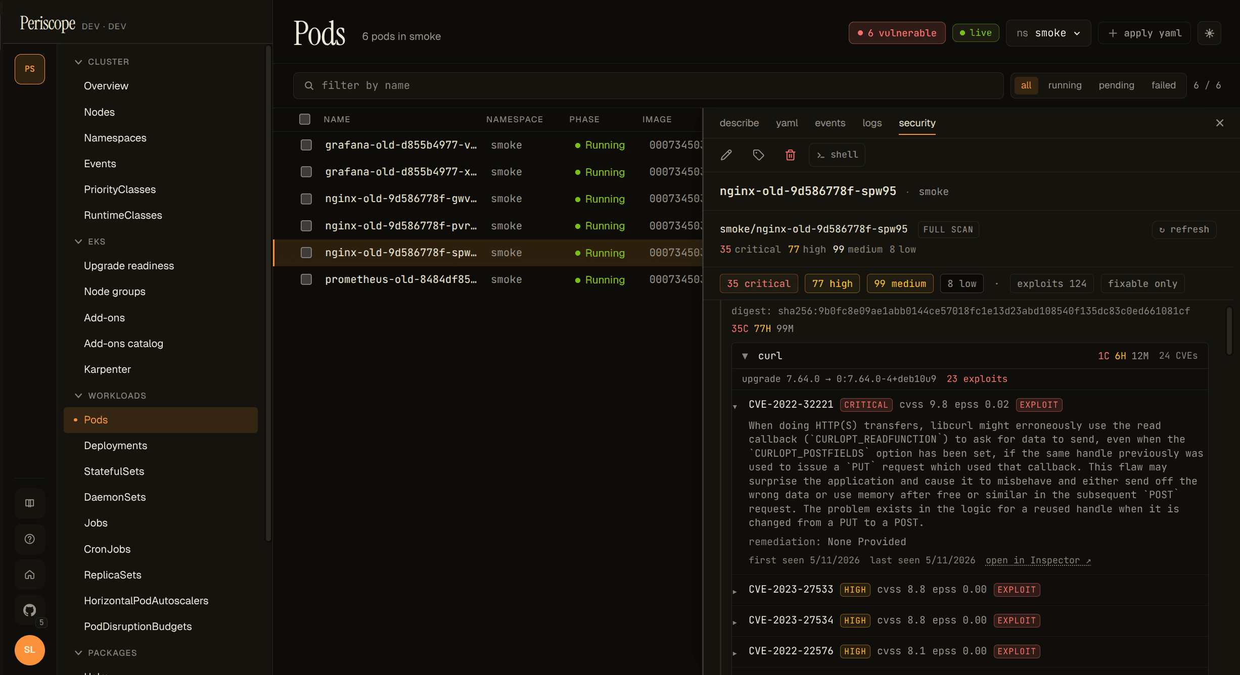 Pods page with the Security tab open on a smoke pod — chip column, sortable, per-container package groups expanded with severity chips and an exploits / fixable filter strip