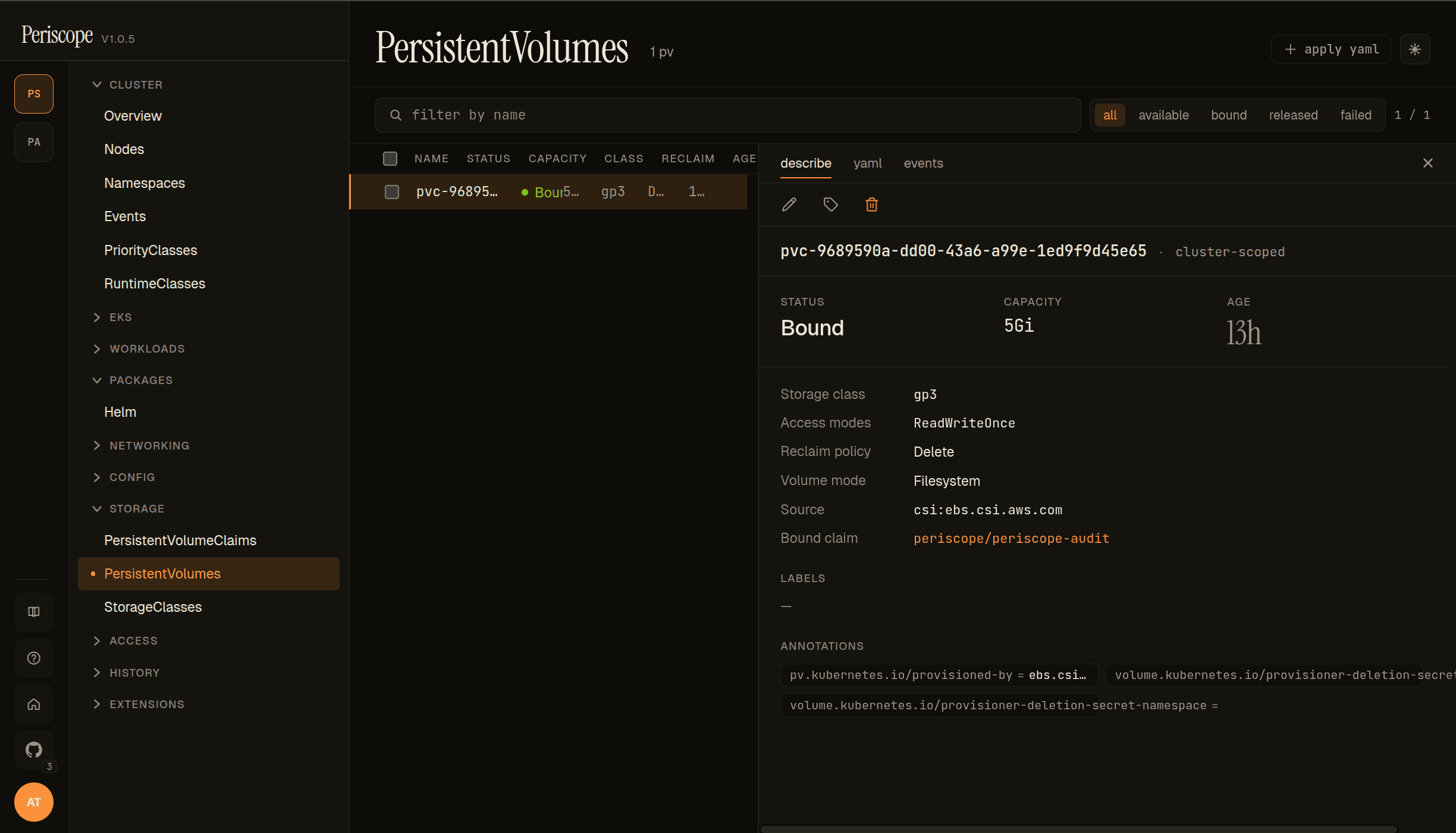 PersistentVolumes list with the periscope-audit-bound PV selected — Bound, gp3, 5Gi, ebs.csi.aws.com source