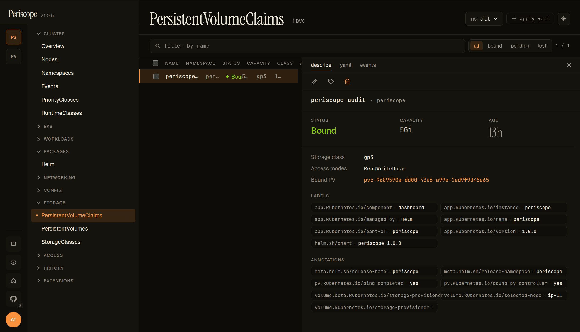 PersistentVolumeClaims list with the periscope-audit PVC selected — Bound, gp3, 5Gi, bound to a pvc-uid PV