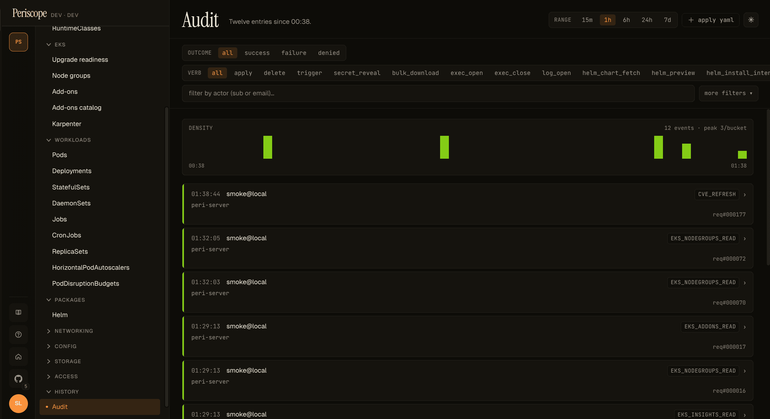 Audit page — recent verbs including a cve_refresh row at 01:38:46 from smoke@local against peri-server