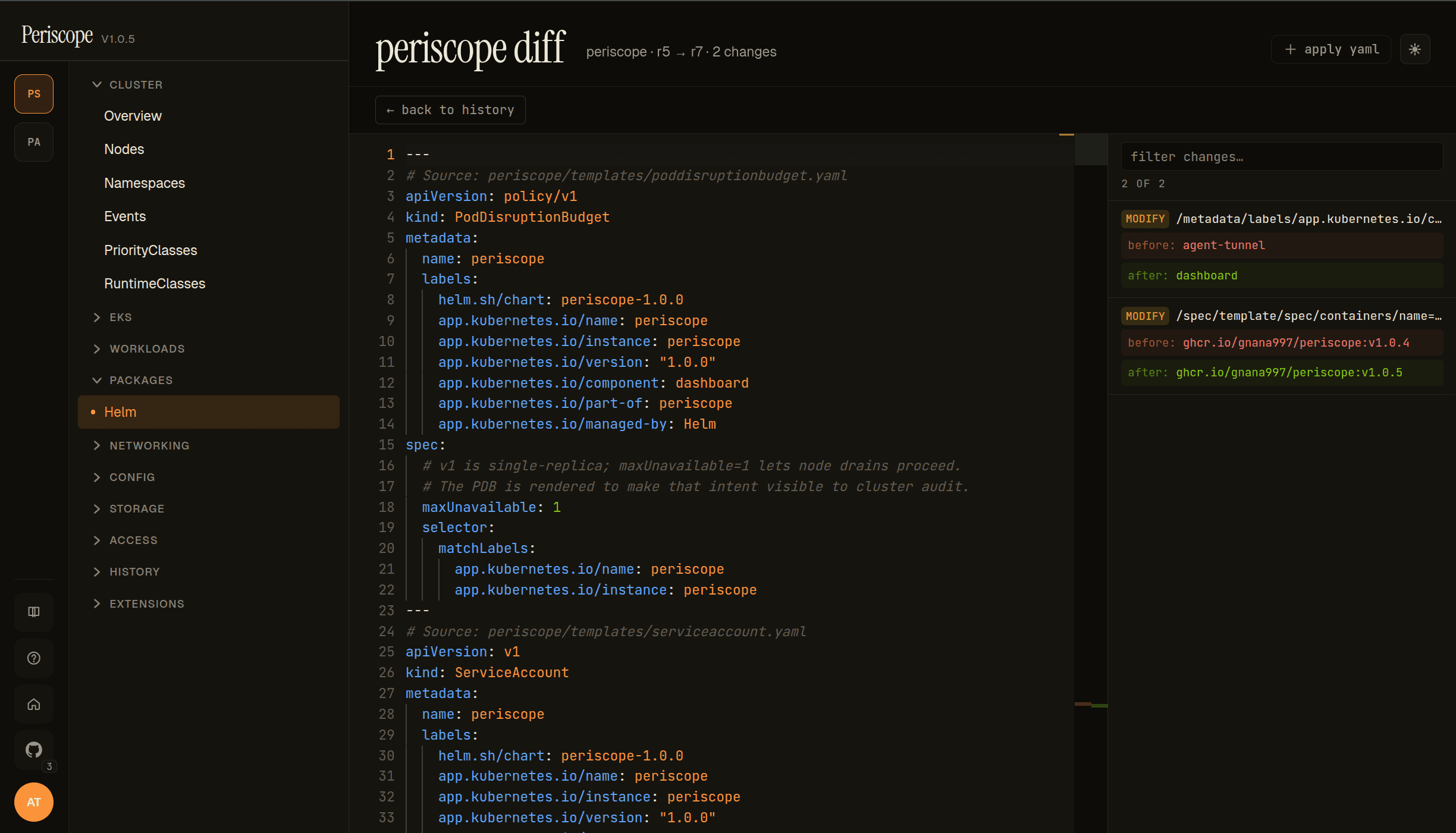 Helm release diff page — periscope r5 → r7, 2 changes, filter-changes pane on the right