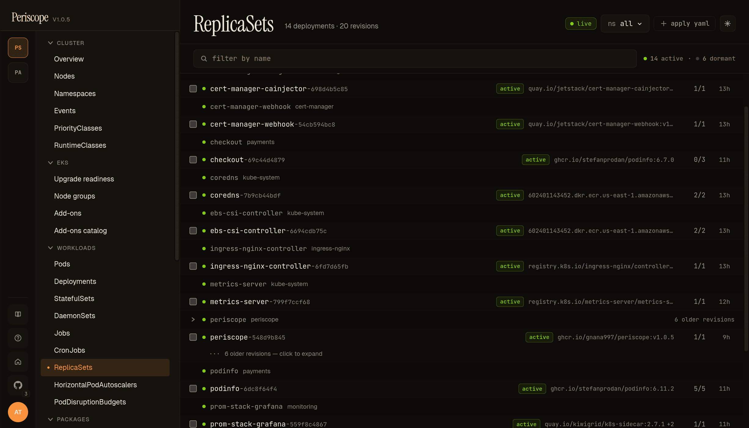 ReplicaSets grouped by Deployment
