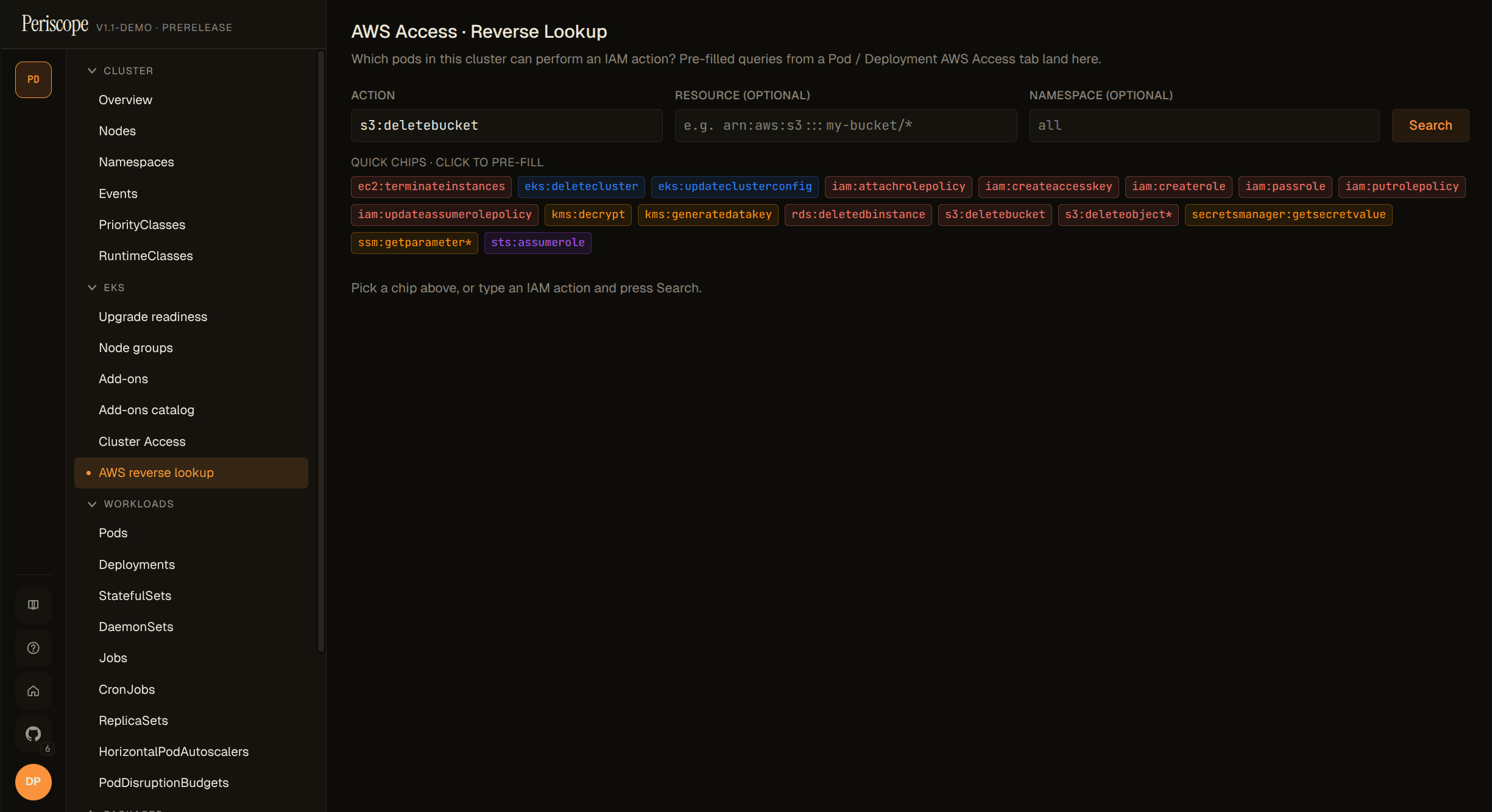 Reverse lookup form — populated with action s3:DeleteBucket, the optional resource ARN box left as the * wildcard, ready to submit
