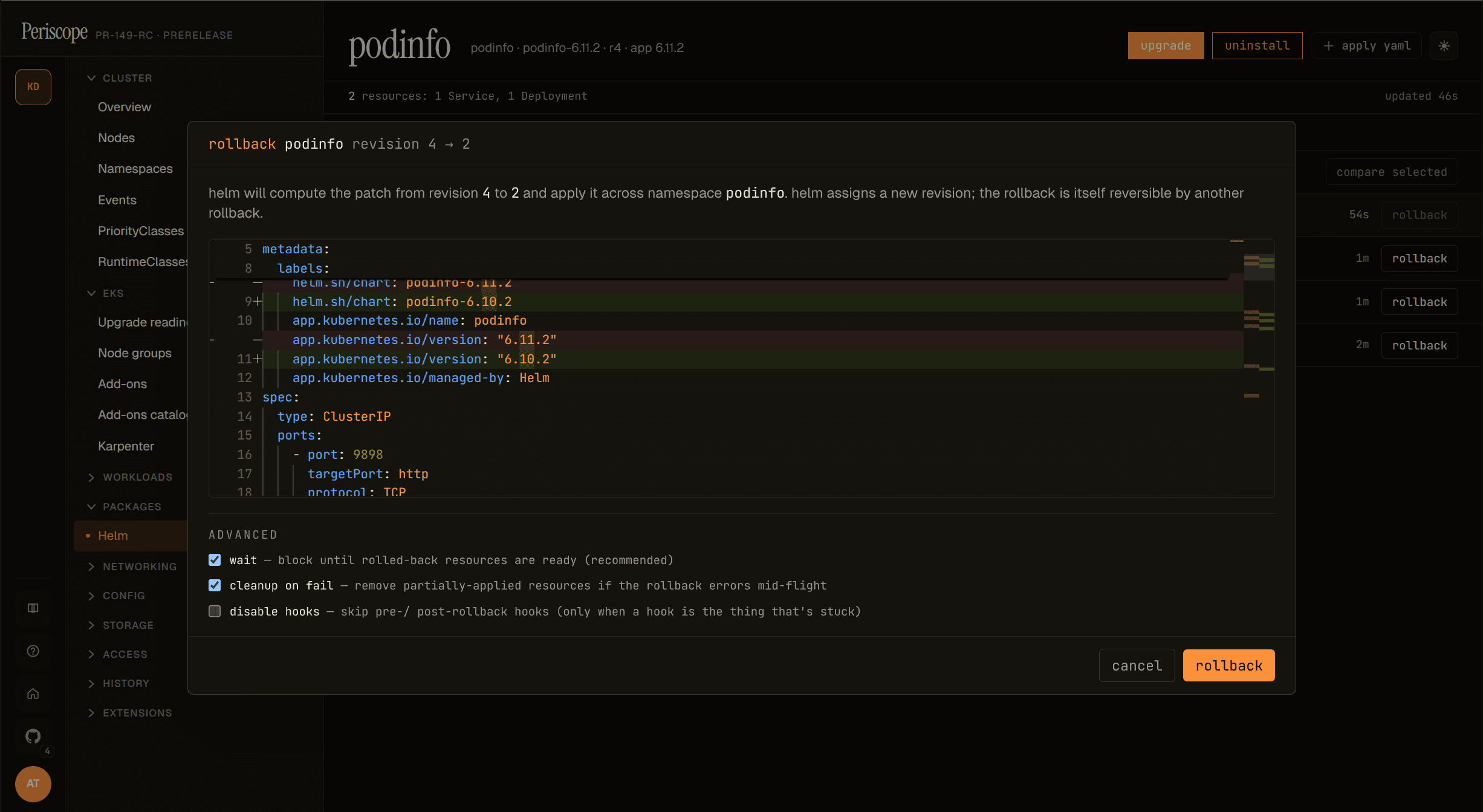 Rollback dialog — podinfo r4 → r2 with side-by-side YAML diff and advanced wait / cleanup / disable-hooks flags