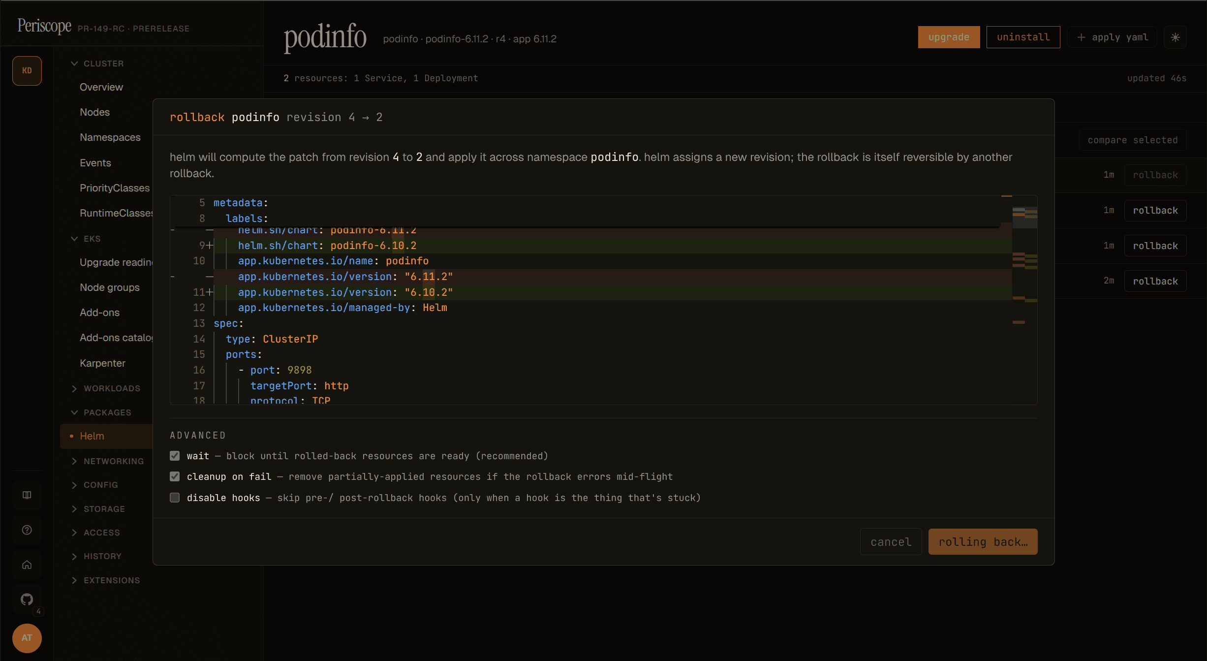 Rollback dialog mid-flight — rolling back… button state