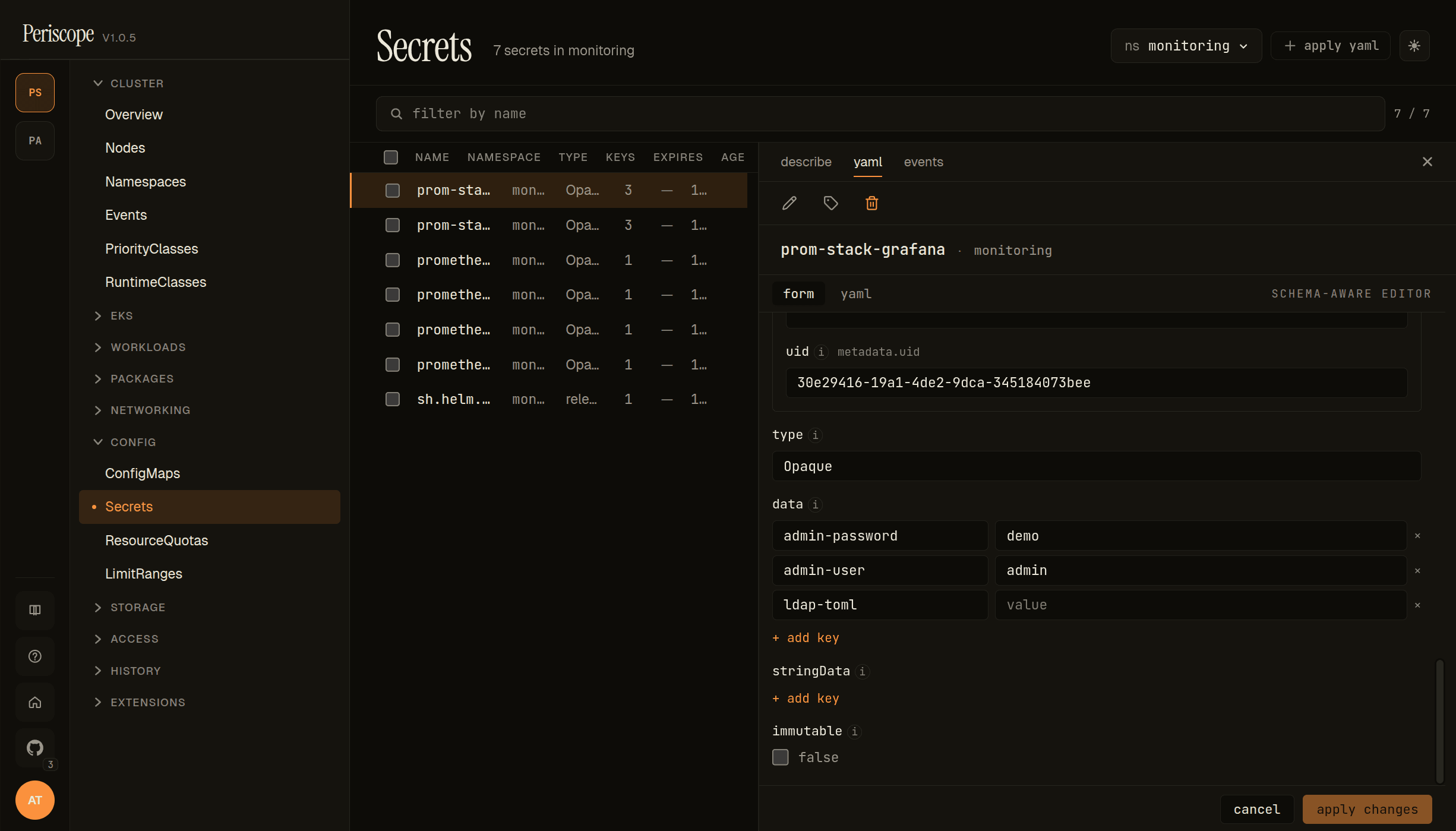 Secret detail pane on the monitoring namespace — schema-aware form mode showing the data kv-map editor