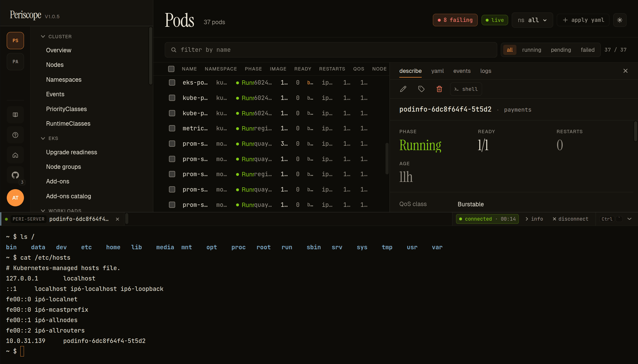 Open Shell session into a podinfo container