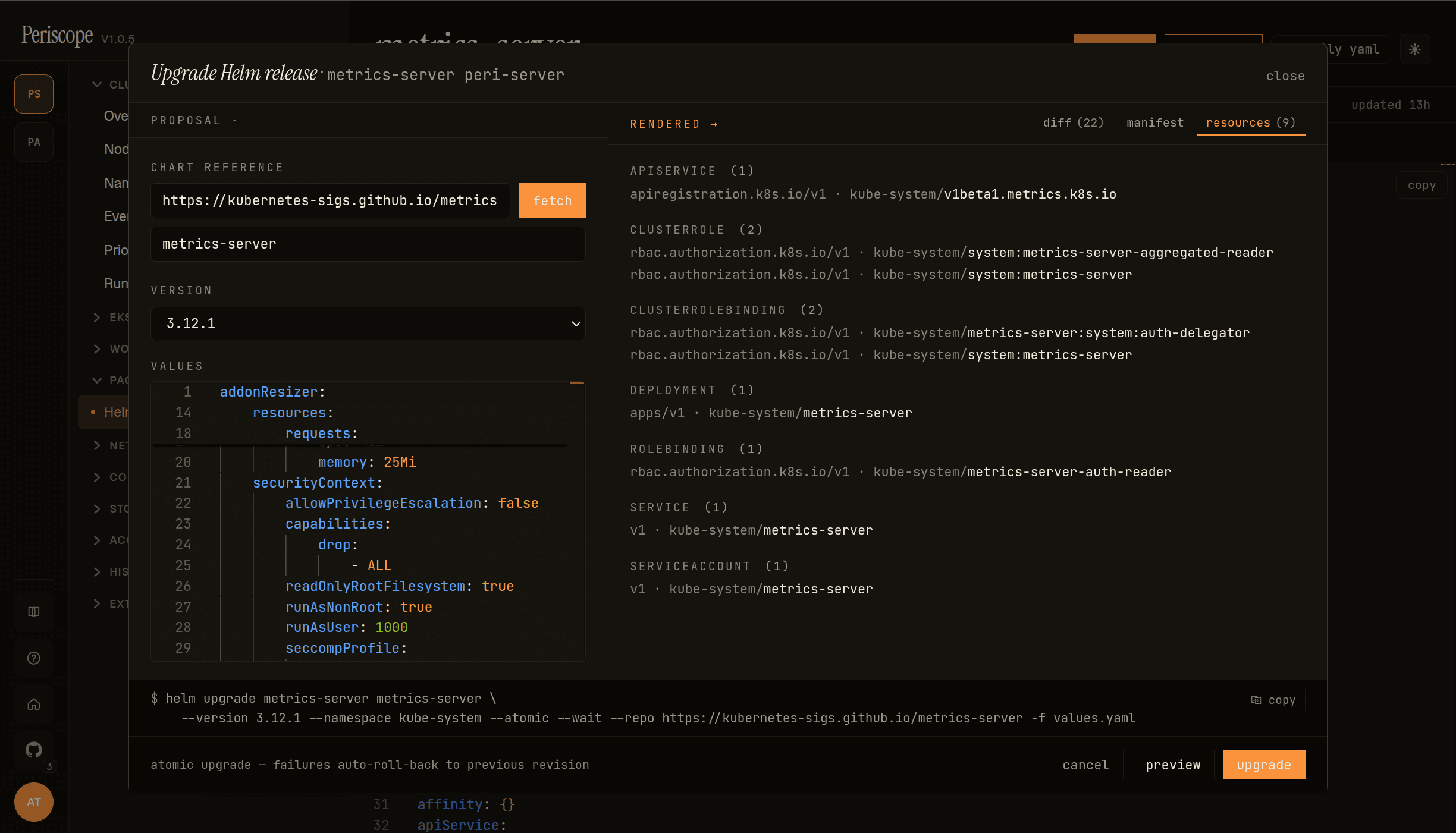 Upgrade dialog — resources tab grouping the 9 K8s objects metrics-server's upgrade touches