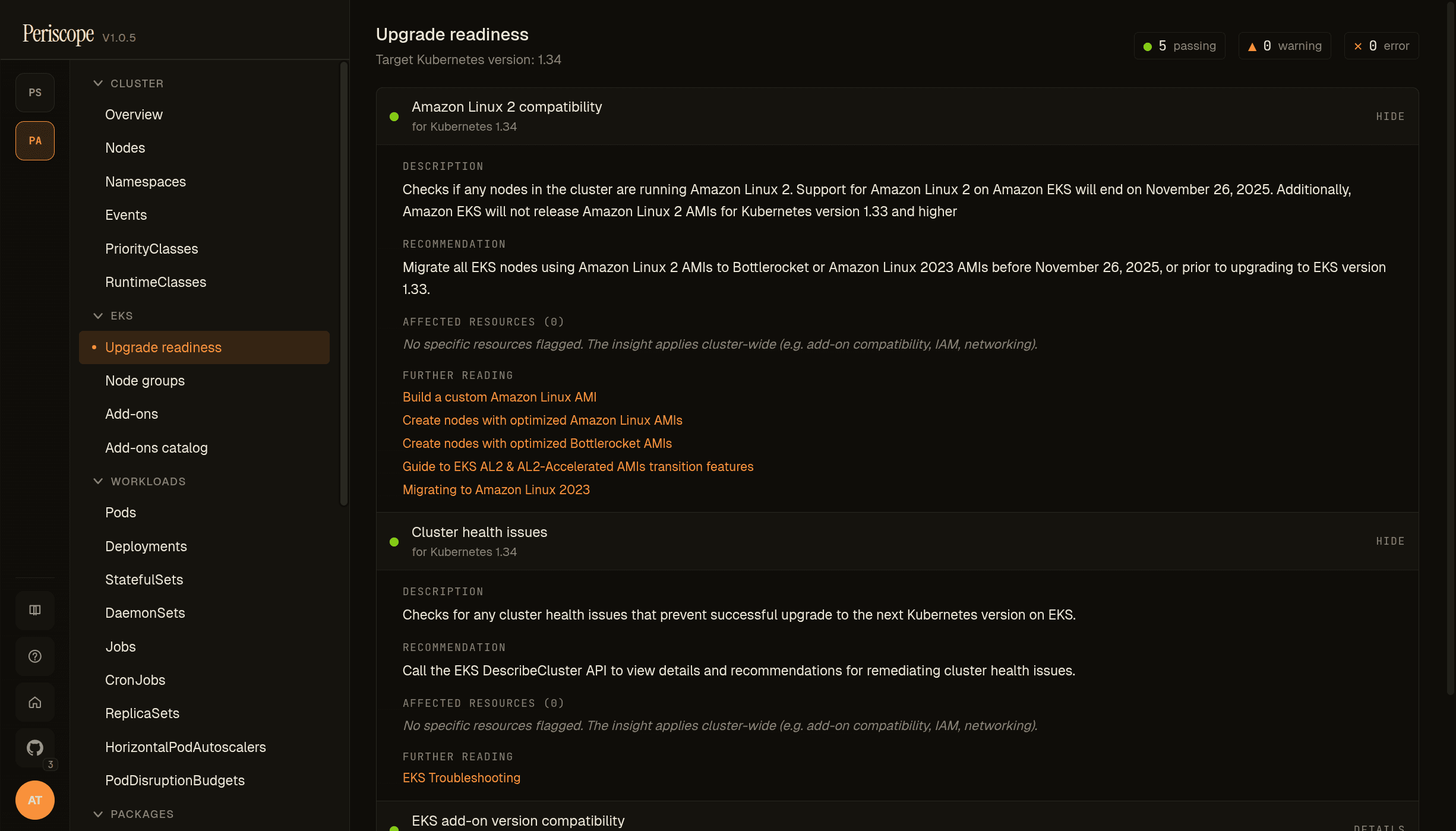 Upgrade Insights — peri-agent showing 5 readiness checks